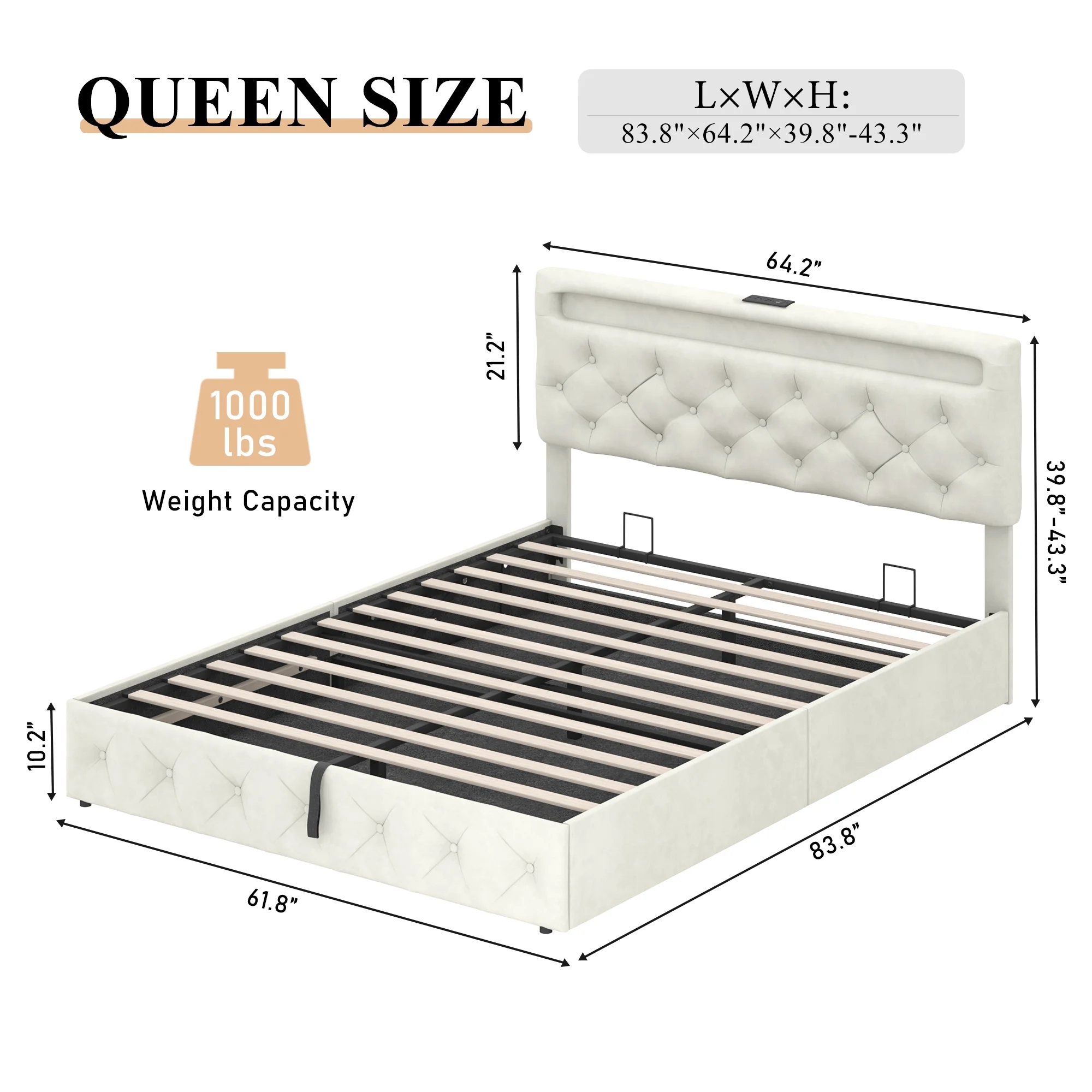 Queen Lift Up Storage Bed with LED Light & Power Station & Large Under Bed Storage, Velvet Upholstered Platform Bed Frame with Adjustable Headboard(Beige-Queen)