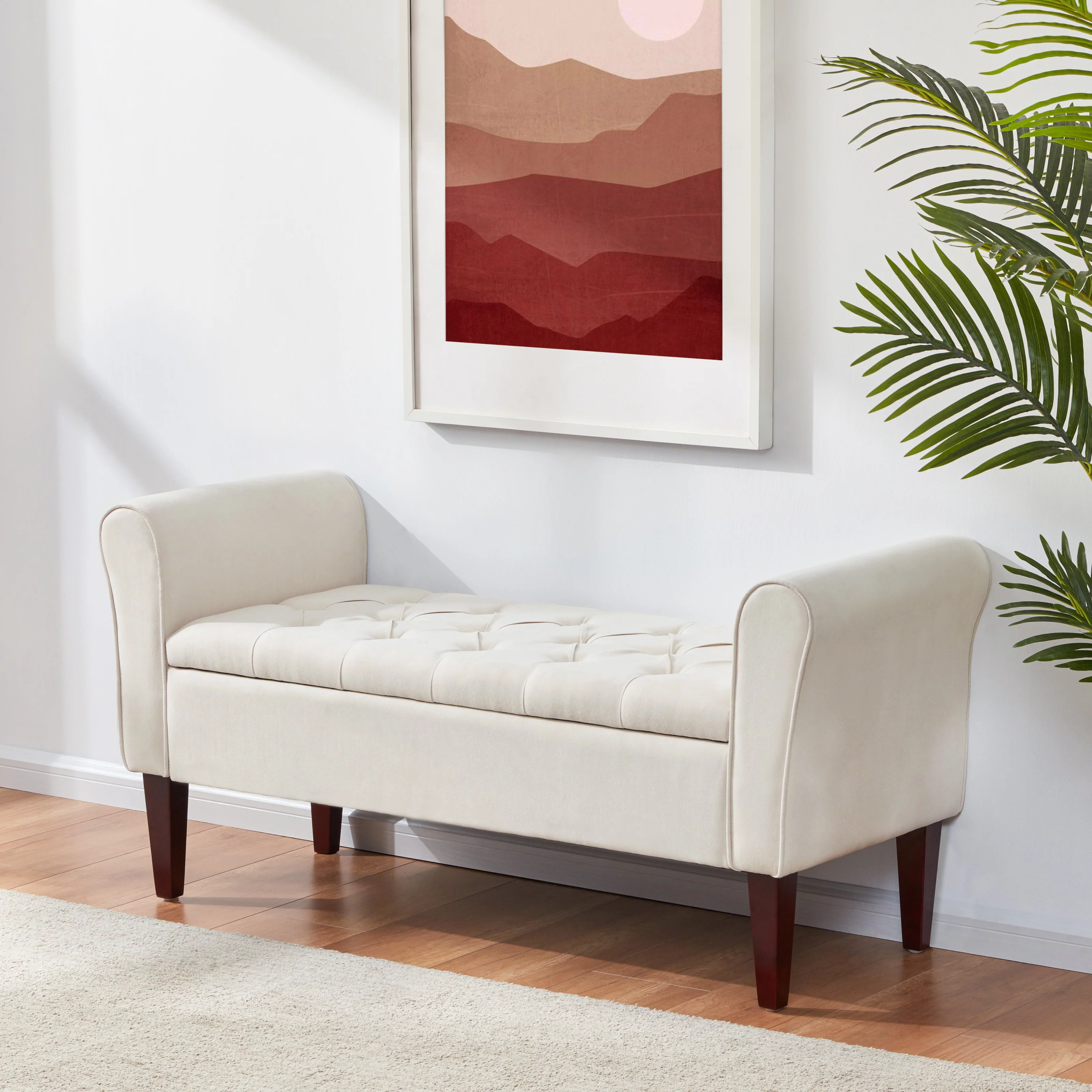 HUIMO Arm Storage Ottoman, Upholstered Window Sitting Bench for Bedroom,End of Bed Bench Indoor, Livingroom, Entryway (Beige)