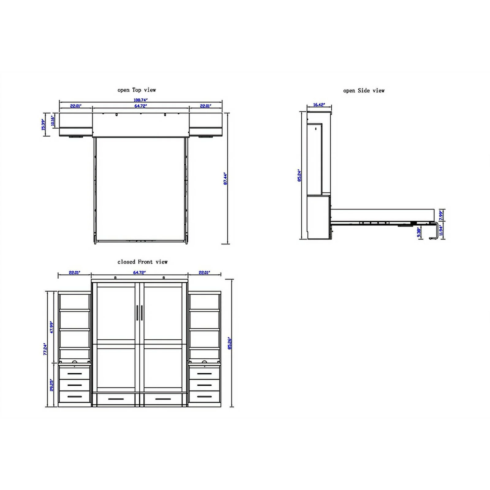 RoomAndLoft Queen Wood Murphy Wall Bed & 2 Shelf Storage Units in Gray