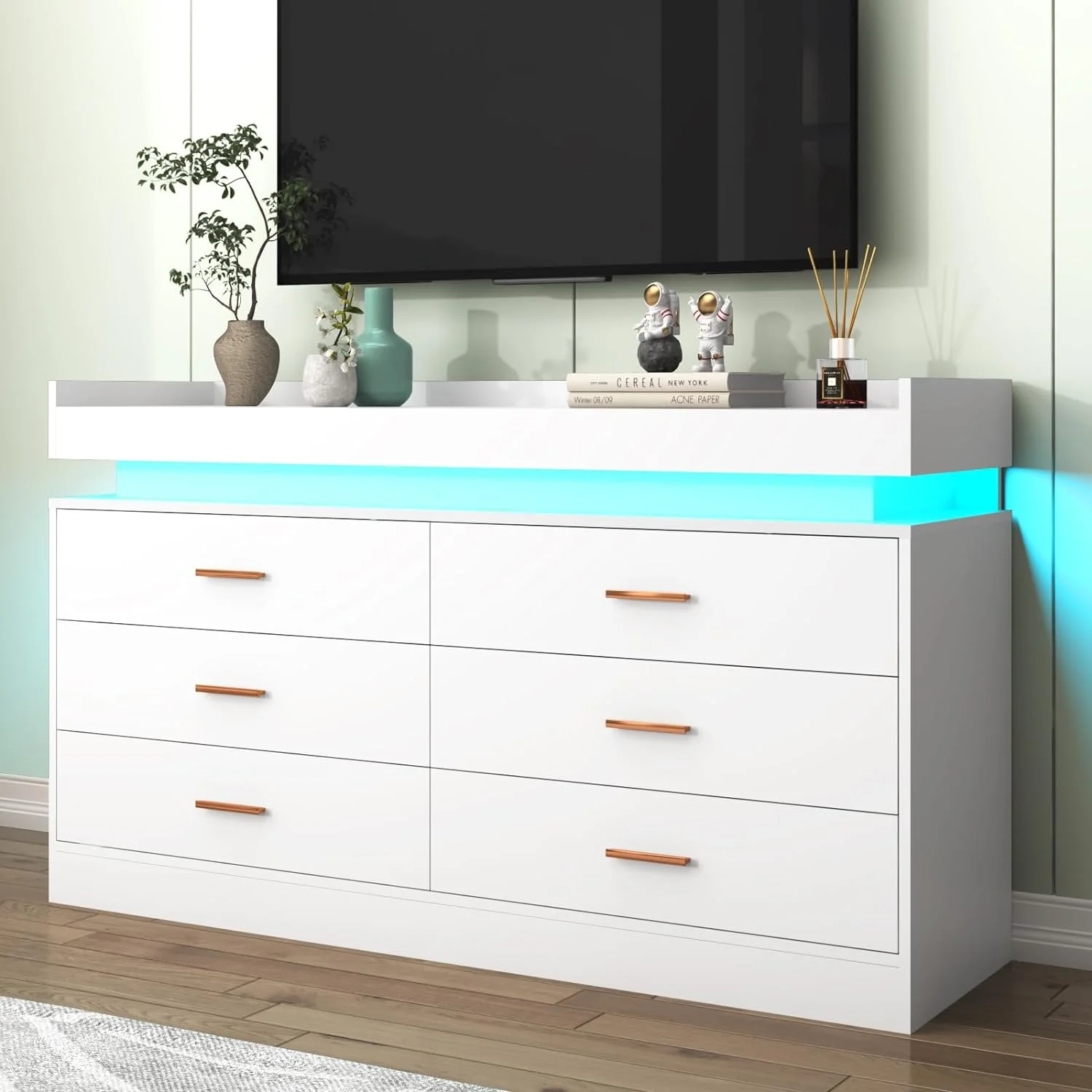 ChVans White Dresser with LED Light, Modern Wood Dresser with Wide Drawers and Metal Handles, 6 drawer dresser for Bedroom, Living Room, Entryway, Hallway(White)