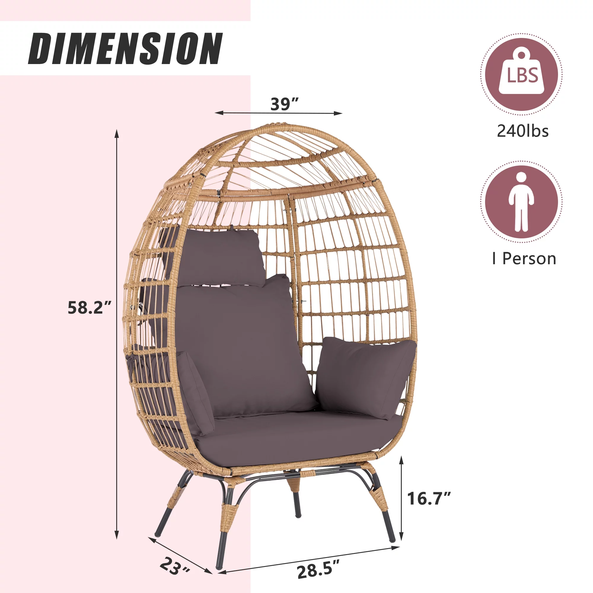 Wicker Egg Chair, Oversized Indoor Outdoor Boho Lounger Chair Stationary Egg Basket Chair, All-Weather 440lb Capacity Patio Chair, Dark Gray