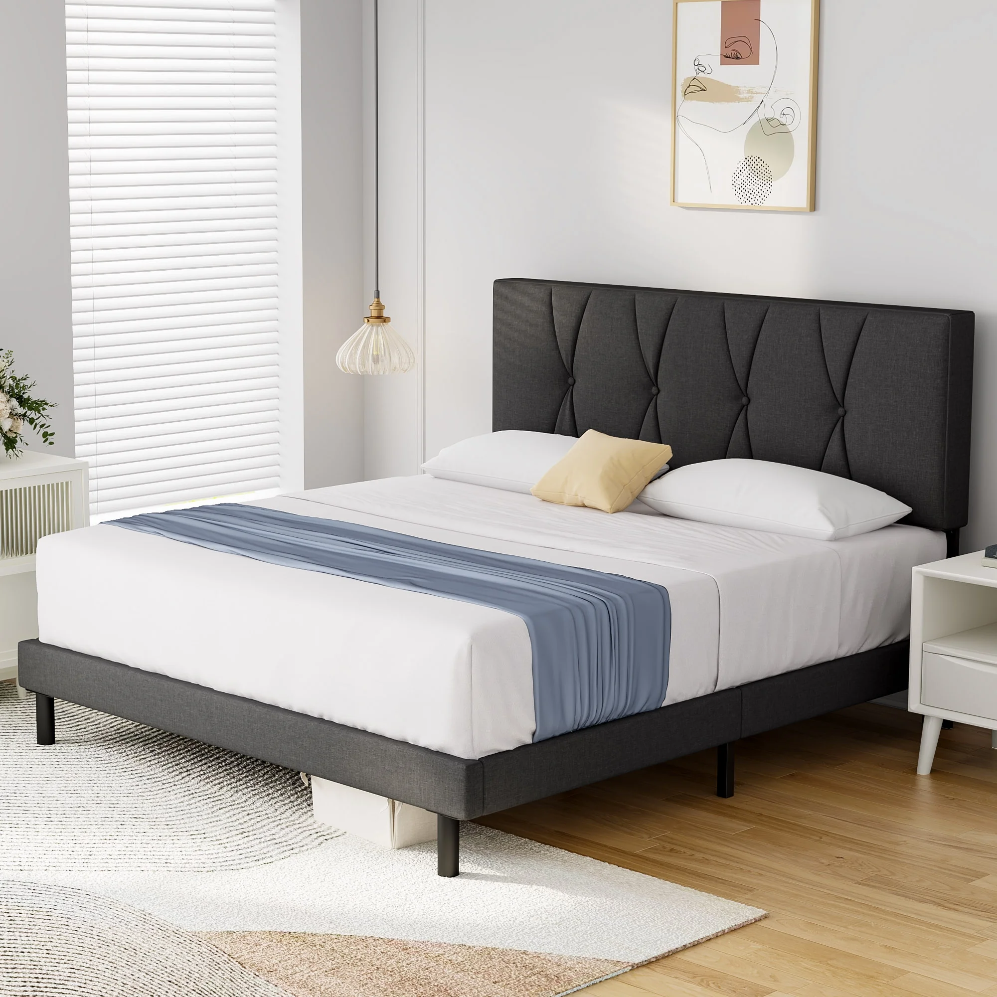 Queen Bed Frame, HAIIDE Queen Size Platform Bed With Fabric Upholstered Headboard, Dark Grey