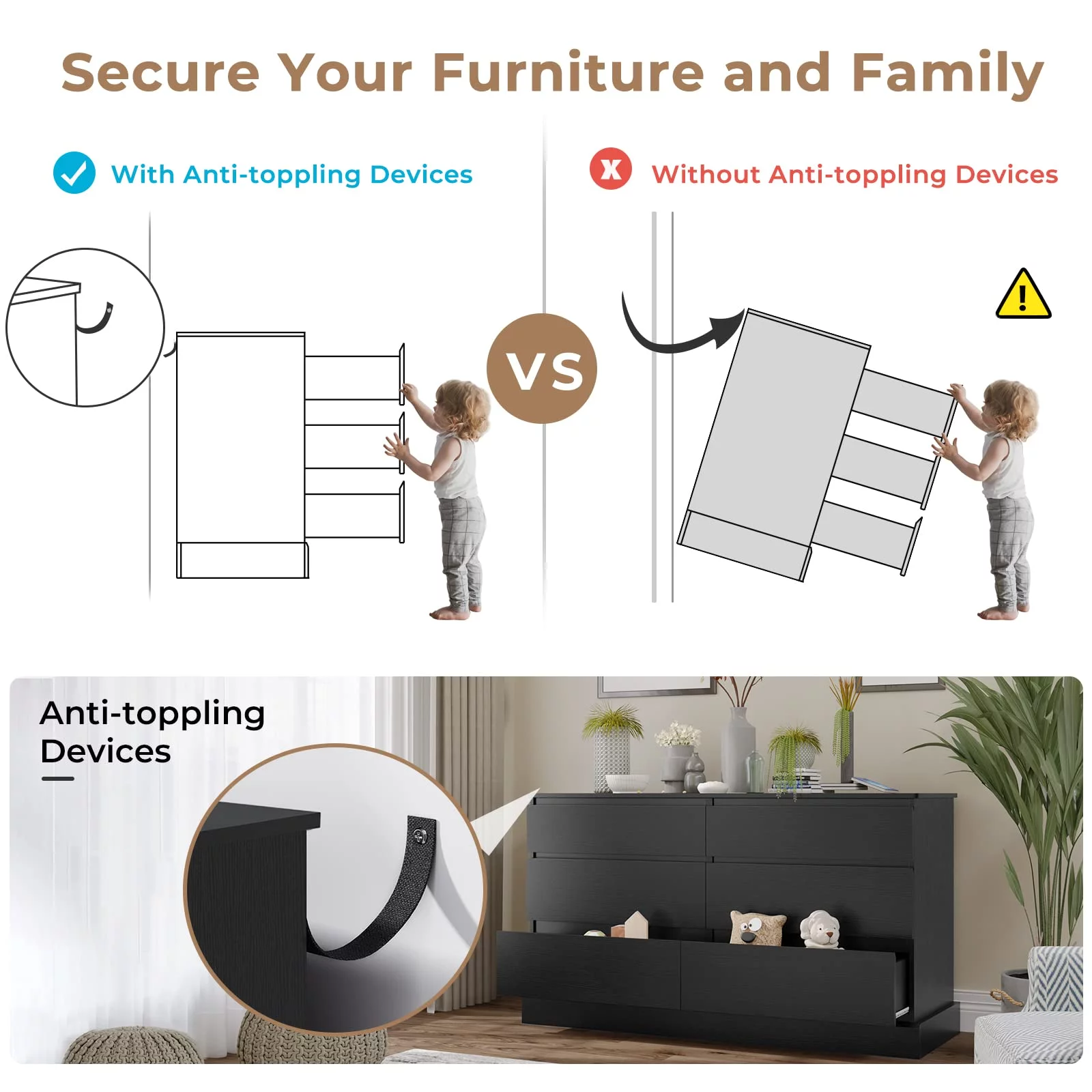 6 Drawer Double Dresser, 51.5''W Wooden Storage Chest of 6 Drawers, Large Capacity Clothing Storage Cabinet, Wide Black Dresser for Bedroom