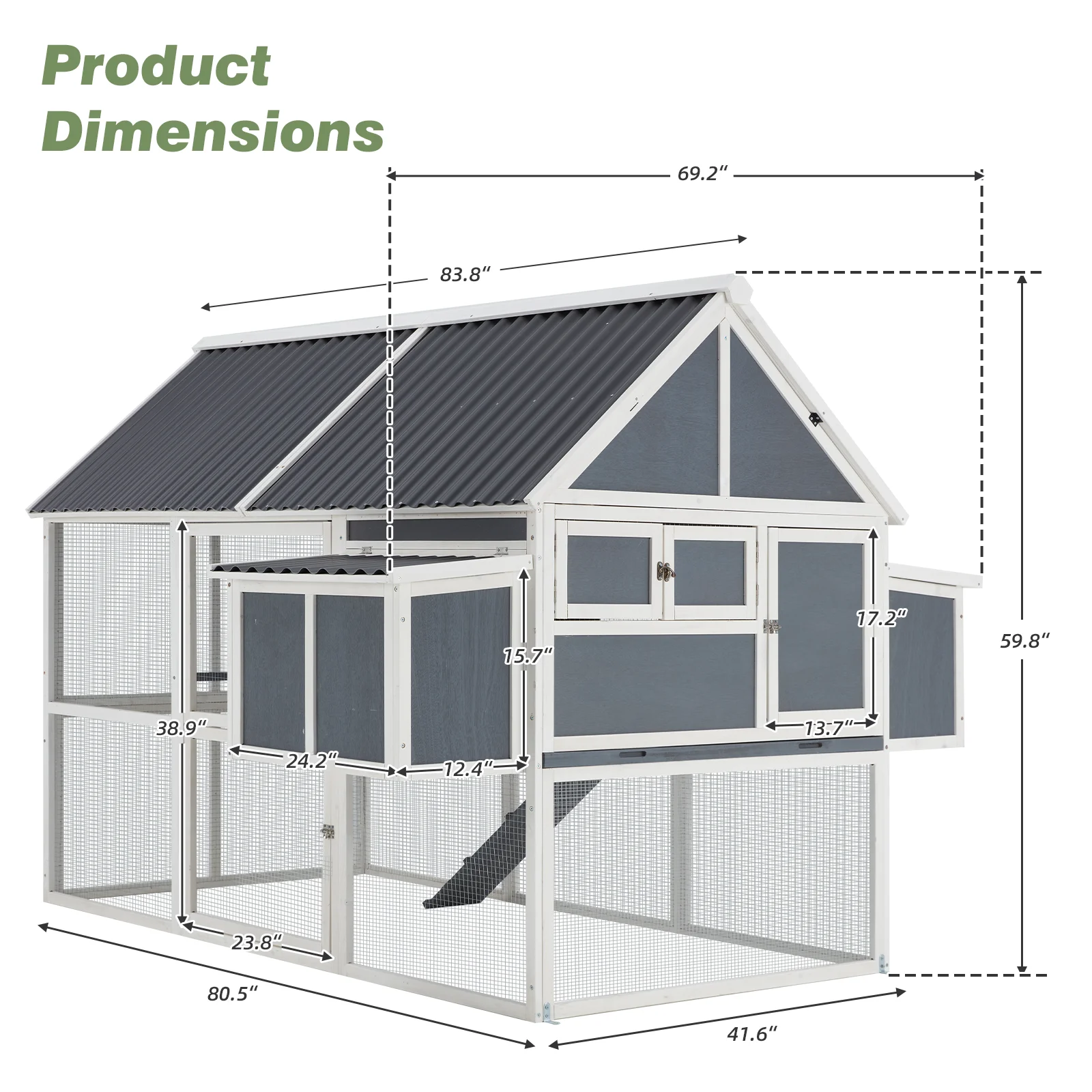 YODOLLA 84” Large Chicken Coop Outdoor Wooden Hen House Poultry Cage with 2 Nesting Boxes & Removable Tray,Gray