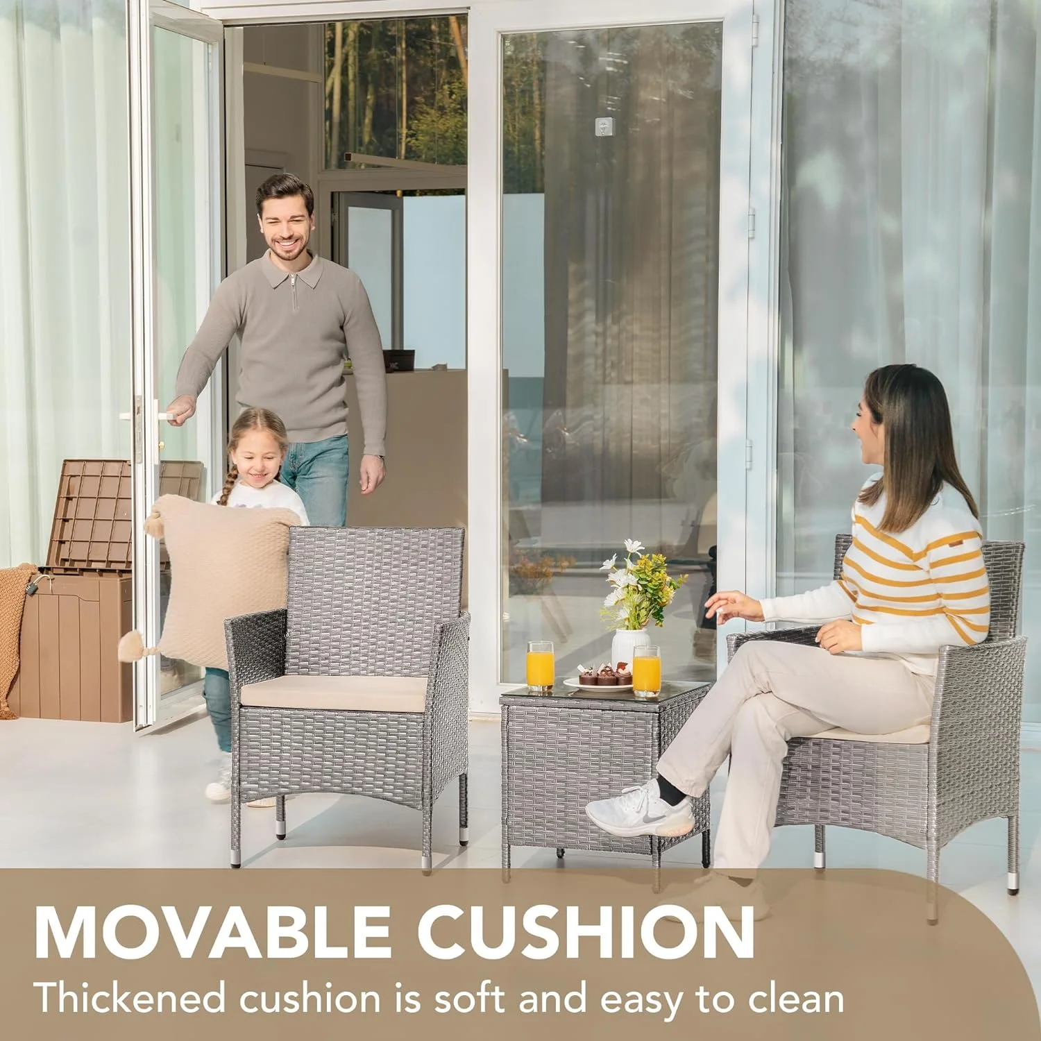 3 Pieces Patio Furniture Sets Clearance PE Rattan Wicker Chairs with Table Outdoor Garden Porch Furniture Sets (Light Grey)