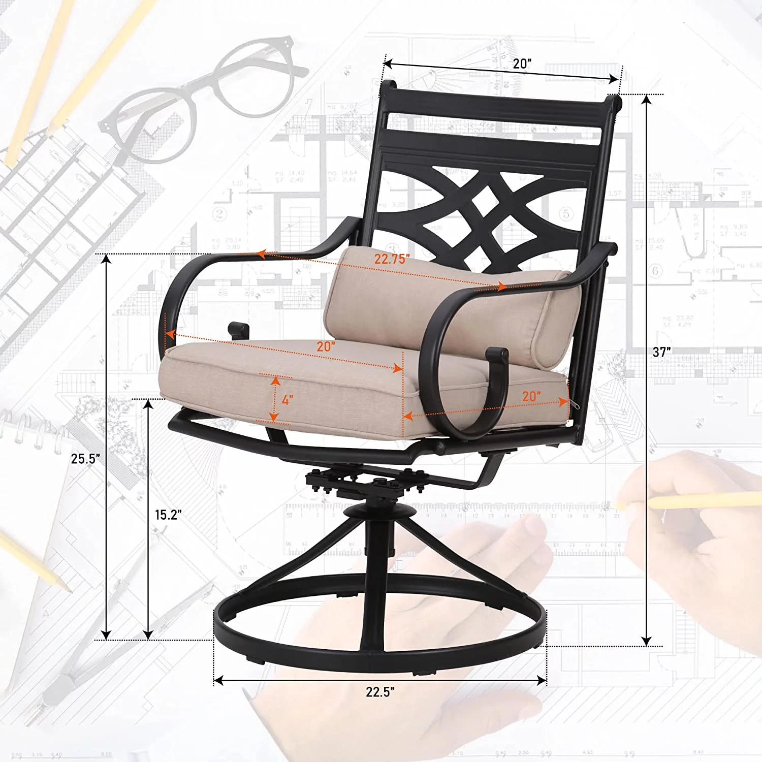 7 Pieces Heavy Duty Metal Patio Dining Sets with 6 Swivel Chairs (Cushion Included) and 1 Rectangular Metal Table with Umbrella Hole  Outdoor Furniture for 6