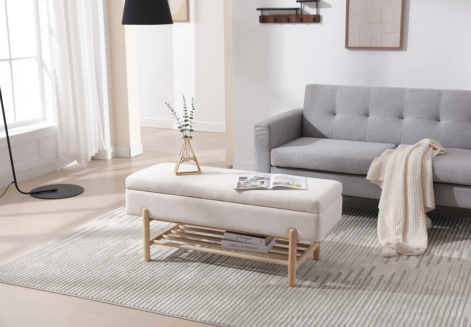 Dayalane Entryway Storage Bench, Linen Upholstered End of Bed Ottoman Bench with Wooden Shoe Rack, Modern Long Bench for Bedroom Living Room Hallway Foyer, Beige