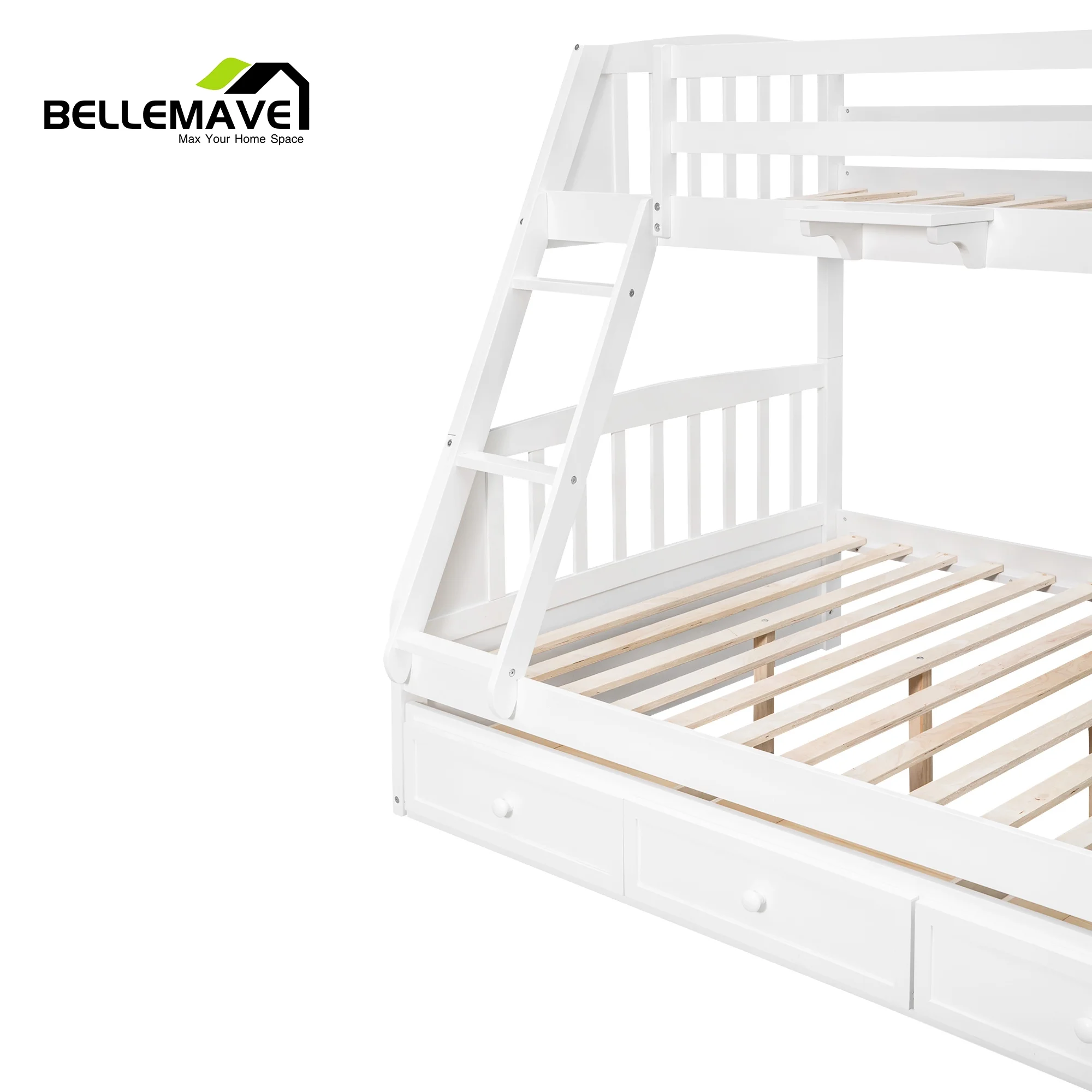 BELLEMAVE Twin over Full Bunk Bed with there drawer, bulid in ladder and storage stairs, Convertible into 2 beds, Kids bunk bed /Wood Bunk Bed for Kids, Teens(White)