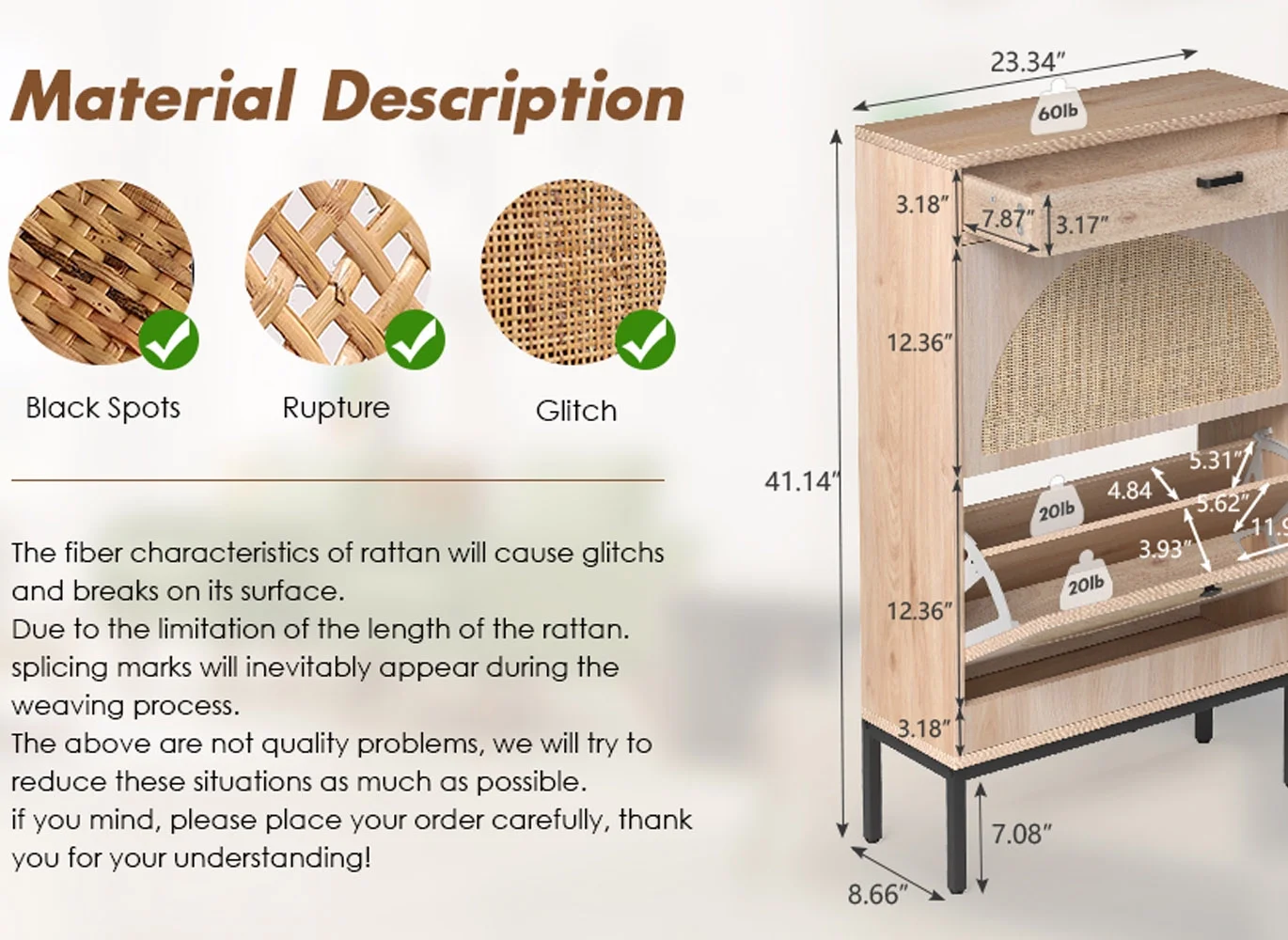 Brafab Shoe Storage Cabinet with 2 Flip Drawers and Open Shelf Natural Rattan Slim Shoe Organizer Rack Wooden Tipping Shoe Dresser Narrow Entrance Shoes Console with Metal Legs for Entryway, Hallway