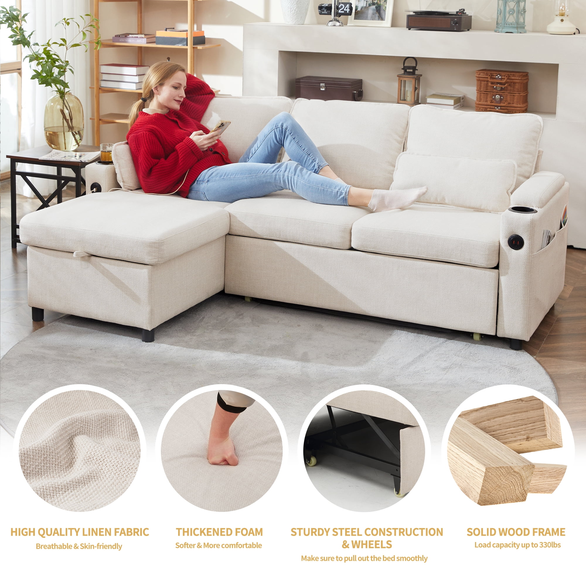 Duraspace Sectional Sleeper Sofa with Storage Chaise, Reversible Pull Out Couch Sofa Bed, L-Shape Beige