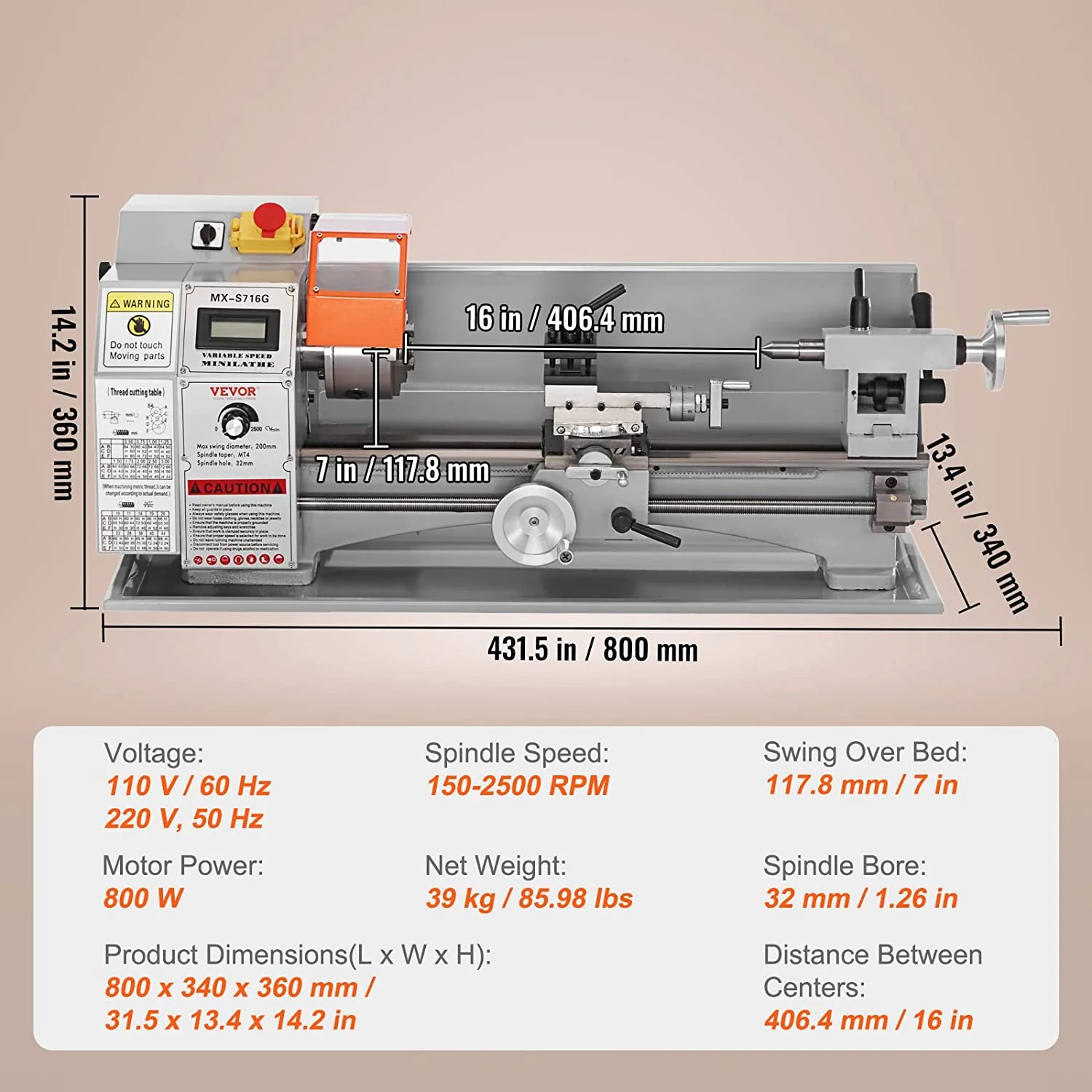 Vevor  7 x 16 in. 800W Mini Metal Lathe Machine, Precision Benchtop Power Metal Lathe, 150-2500 RPM Continuously Variable Speed, with 3.9 in. 3-Jaw Metal Chuck Tool Box