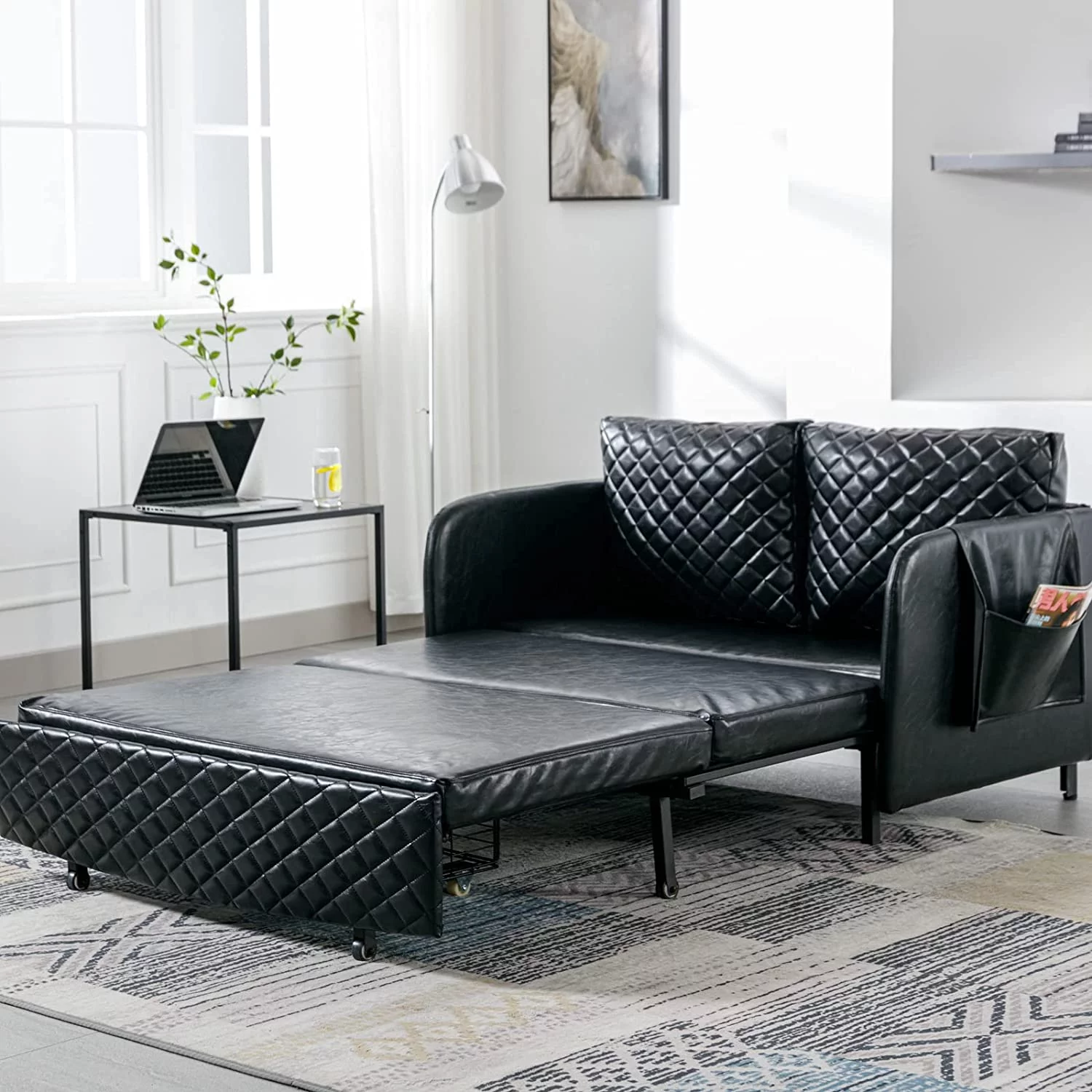 Tabaray Leather Loveseat Sleeper Sofa Bed,2 Seat Arm Chair with Side Pocket and Cushions,Mini Pull Out Couch for Bedroom,Office,Living Room,Small Space (Black Leather)