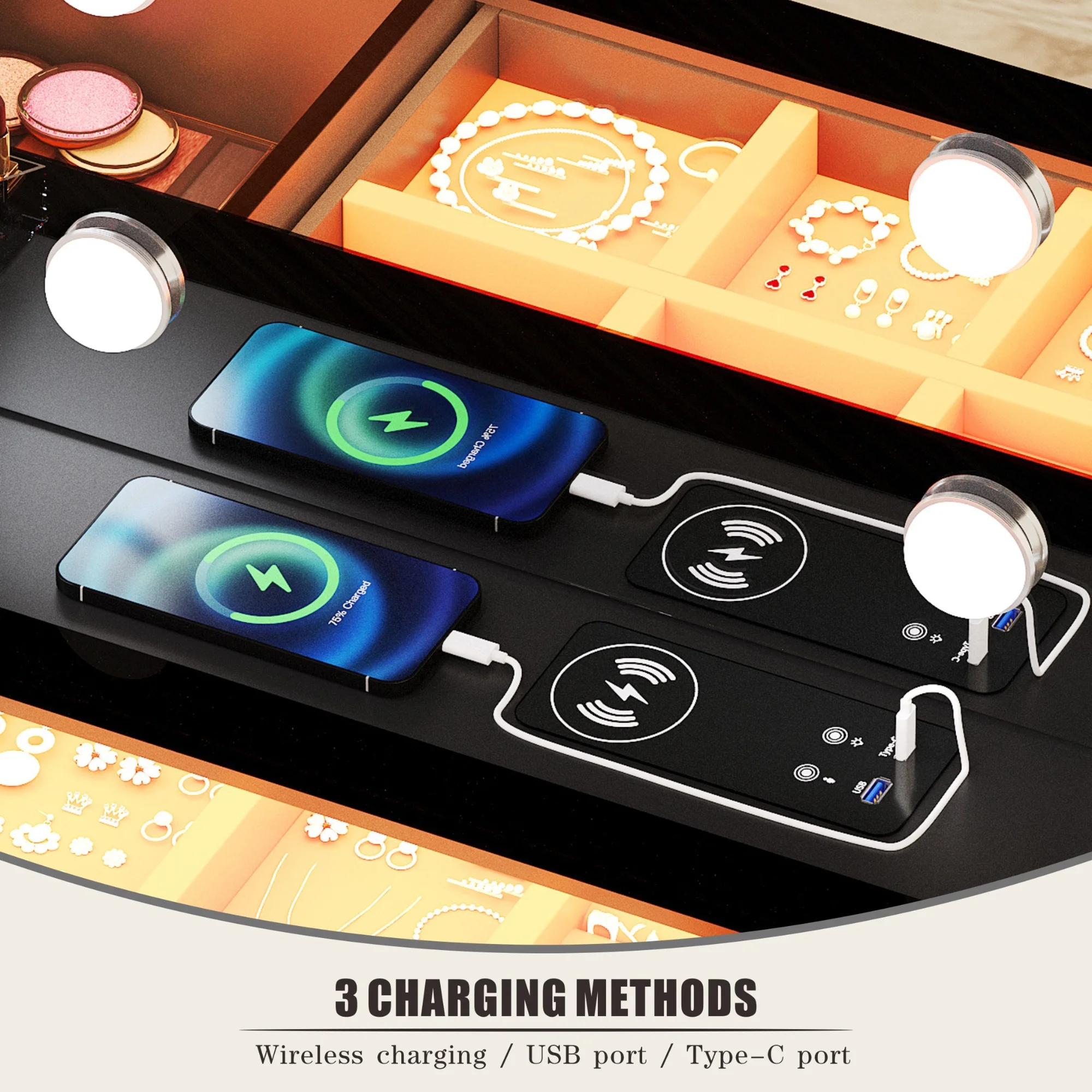 FREDEES Makeup Vanity Desk Set with Hollywood Mirror and Led Lights and Charging Station for Bedroom, Black