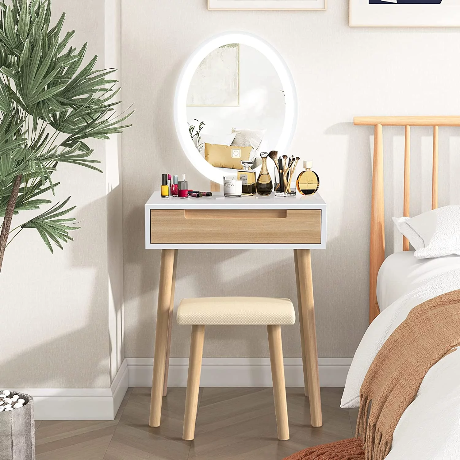 ELEWISH Makeup Vanity Table Set with 3 Modes Adjustable Lighted Mirror Cushioned Stool, Dressing Table for Small Space with Free Make-up Organizer (White+Wood)