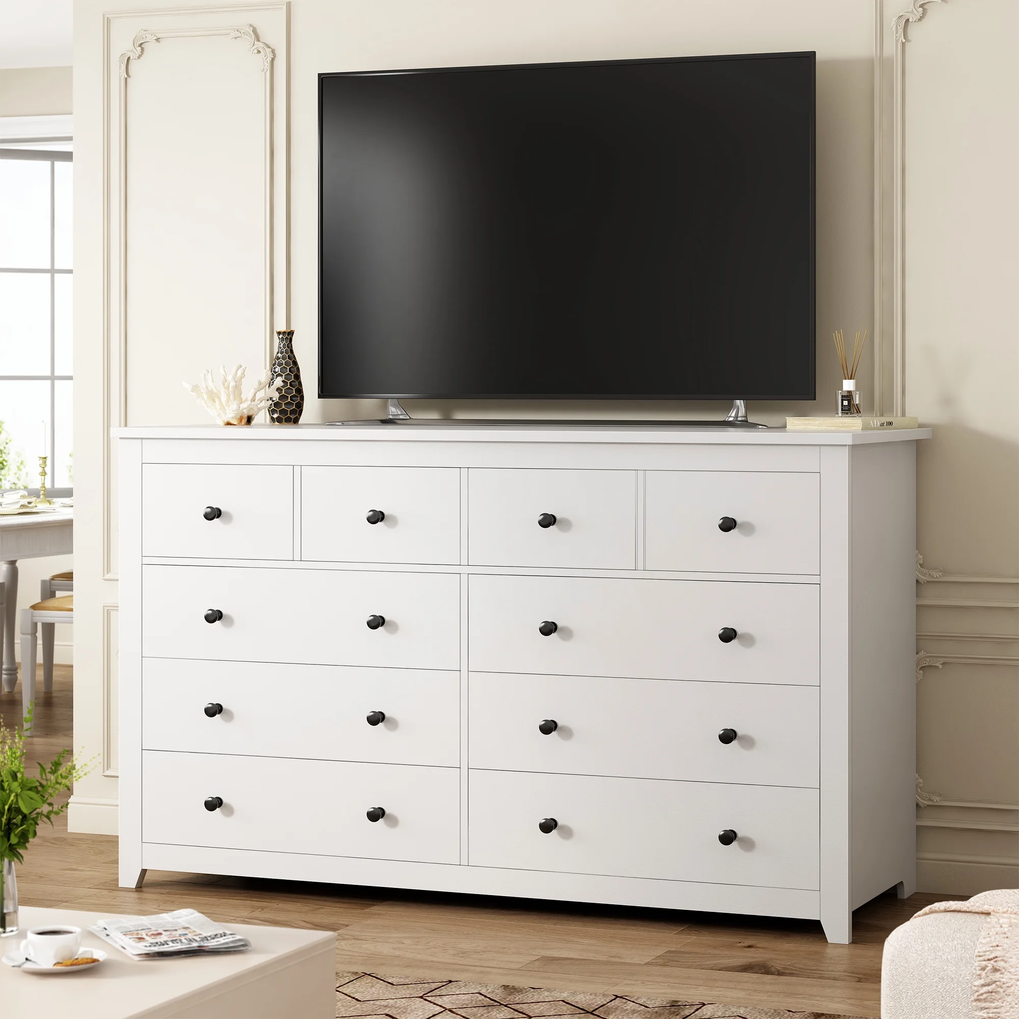 EnHomee White Dresser for Bedroom Wood Dresser with  10 Deep Drawers Modern Wood Dressers & Chests of Drawers Wide Dresser with Smooth Metal Rail, Wooden Dressers for Bedroom , White