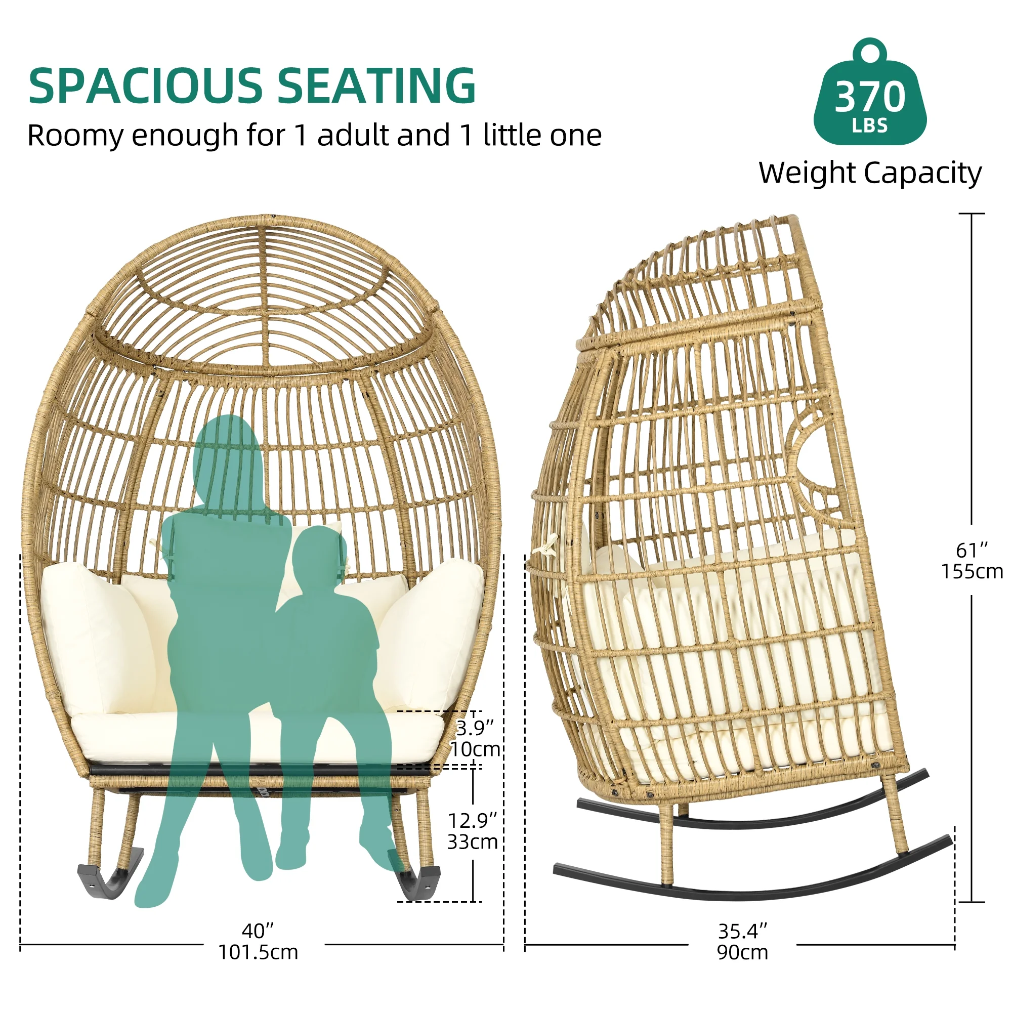 Dextrus Indoor Outdoor Rocking Egg Chair, Wicker Patio Rocking Basket Chair with 385lbs Capacity, All-Weather Oversized Egg Lounger Chair - Beige
