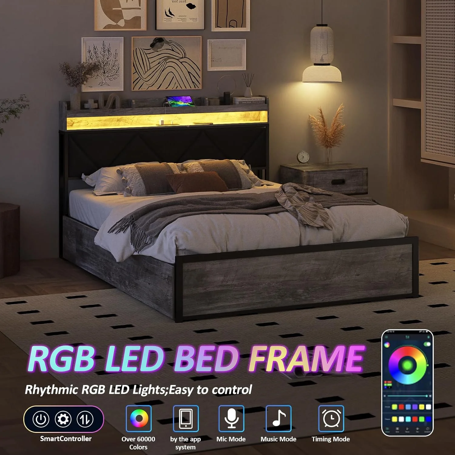 YZboomLife Full Size Led Bed Frame with Charging Station and 4  Drawers  Metal Platform Bed  Upholstered Headboard with 3 Shelves  No Box Spring Needed  Easy Assembly  Gray