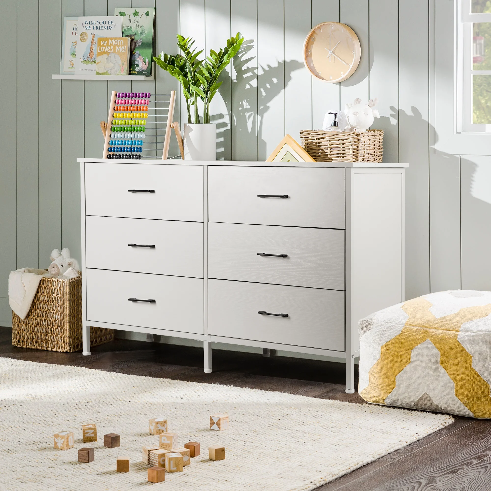 47.3'' Drawer Dresser Chest of 6 Drawers, Storage Dresser Tower for Bedroom, Living Room, Hallway, Nursery, White Storage Cabinet Wooden Dresser with Steel Frame, White