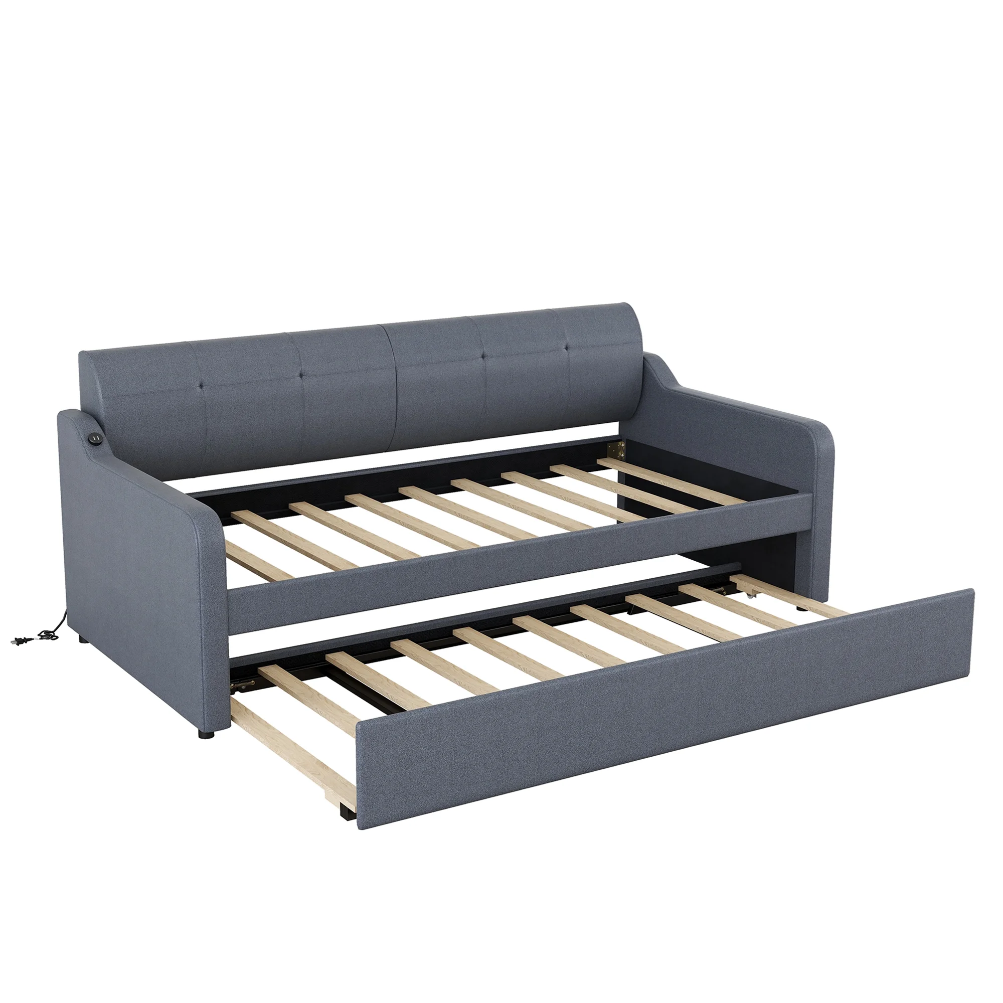 EUROCO Twin Size Upholstery DayBed with Convertible Trundle and USB Charging Station, Gray
