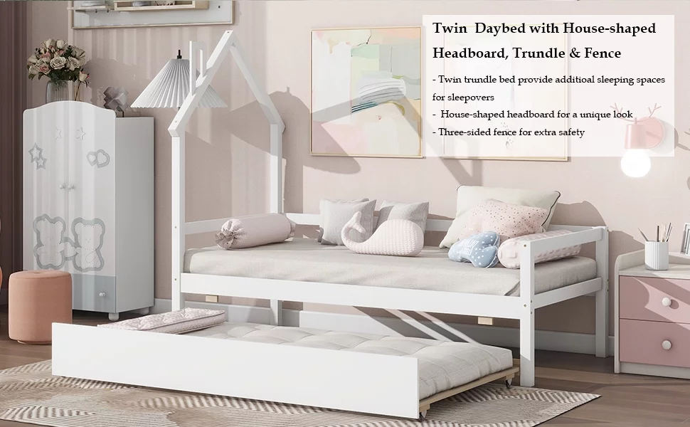 Bellemave Twin Size Daybed Bed with Trundle and House-shaped Headboard Twin Wood Platform Bed Frame with Guardrails Montessori House Bed for Kids, Toddlers, Boys, Girls, White