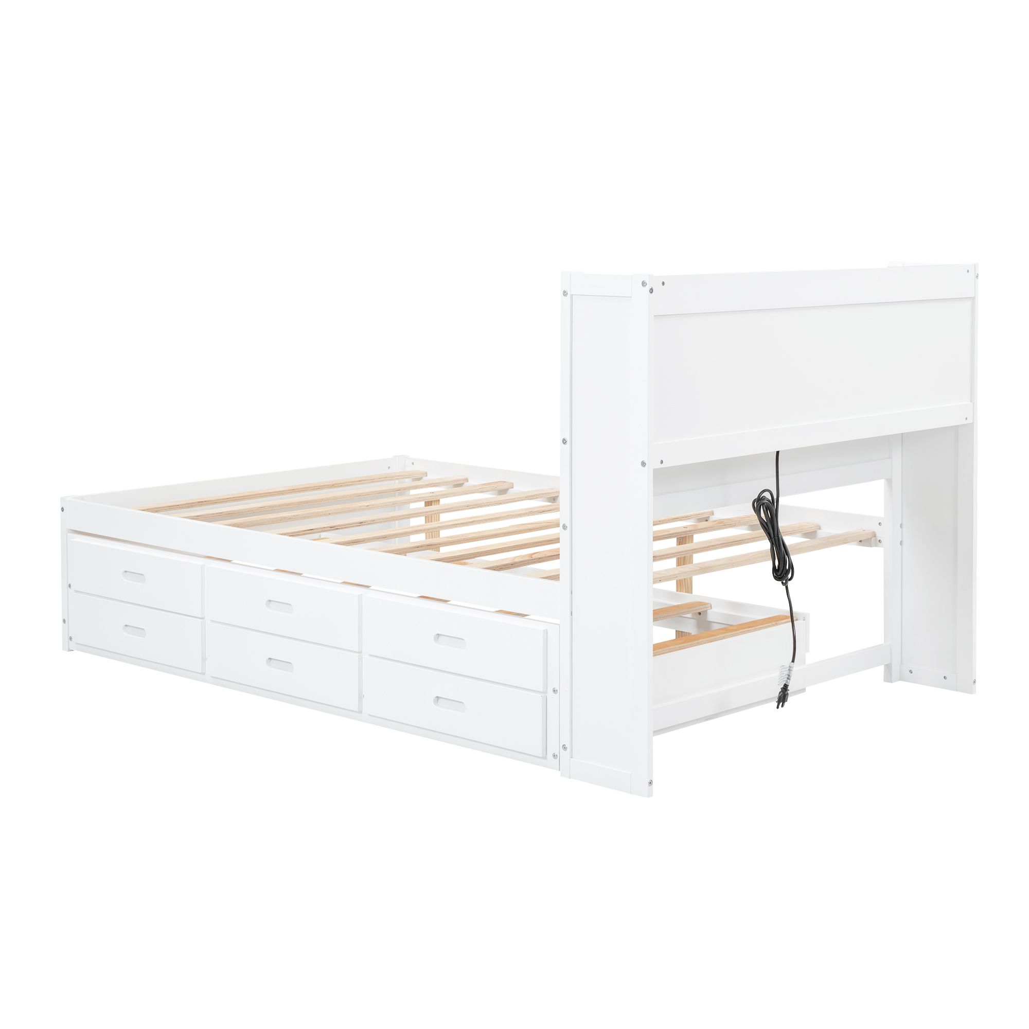 Full Wood Platform Bed Mattress Foundation with Trundle, Drawers and USB Plugs, Bed Frame Storage Bed w/ Wooden Slats for Boy Girl, No Box Spring Needed, Easy Assembly