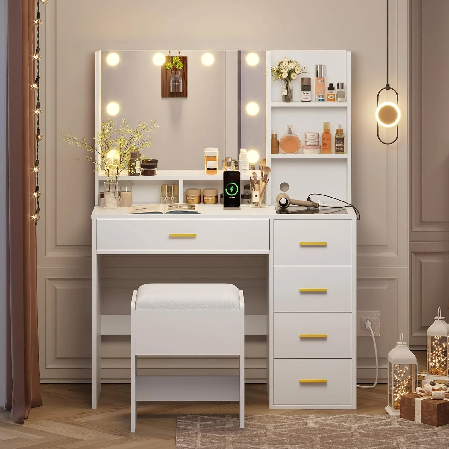 White Vanity Desk with Mirror and Lights,Bedroom Makeup Table Set with Lights & Charging Station,Makeup Desk with Drawers and Storage Shelves and Cushioned Stool