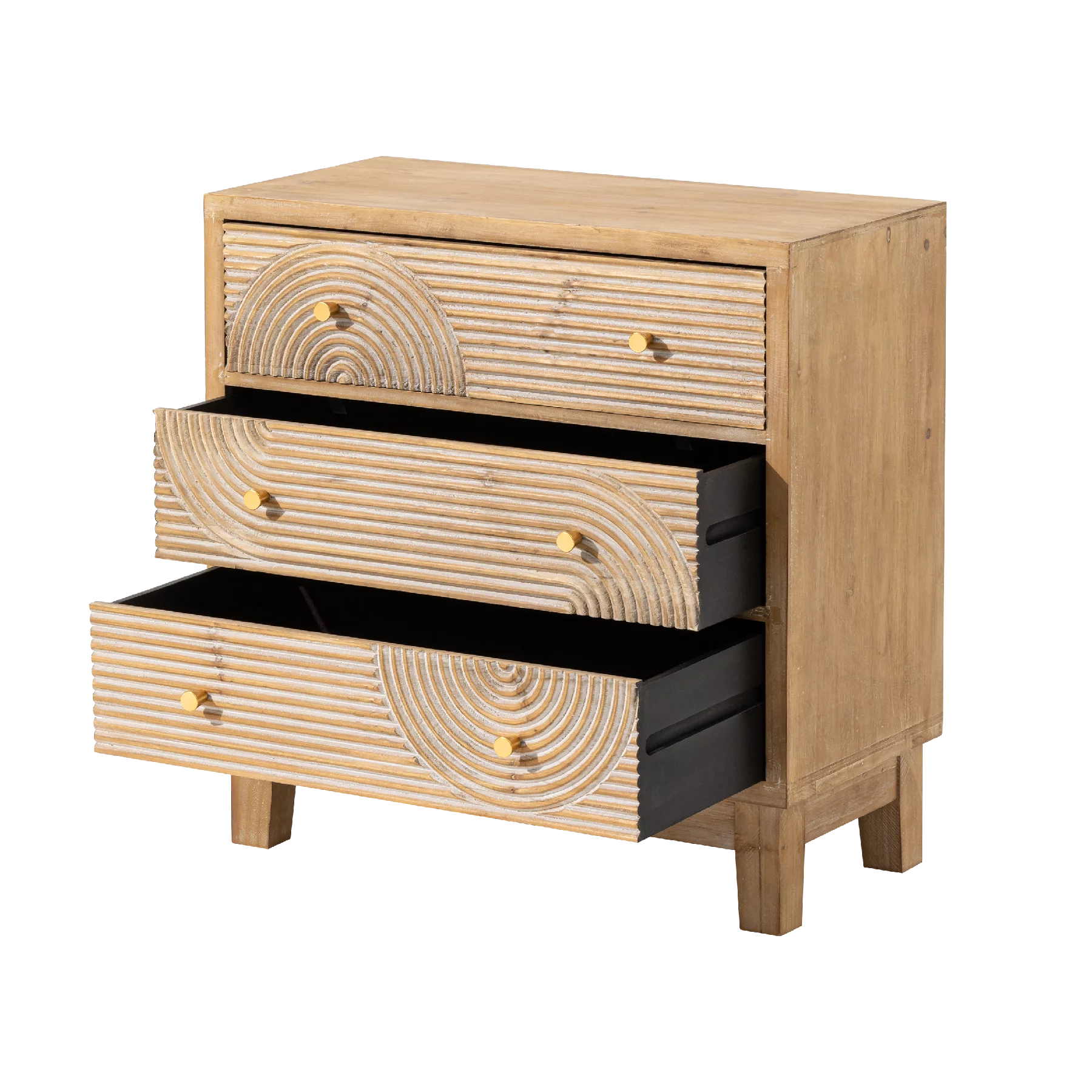 COZAYH 3-Drawer Farmhouse Dresser with Handicraft Wood Ring Motif, Fully Assembled Nightstand Wooden Finish for Boho, Mid-century, Rustic Style, Natural Wood