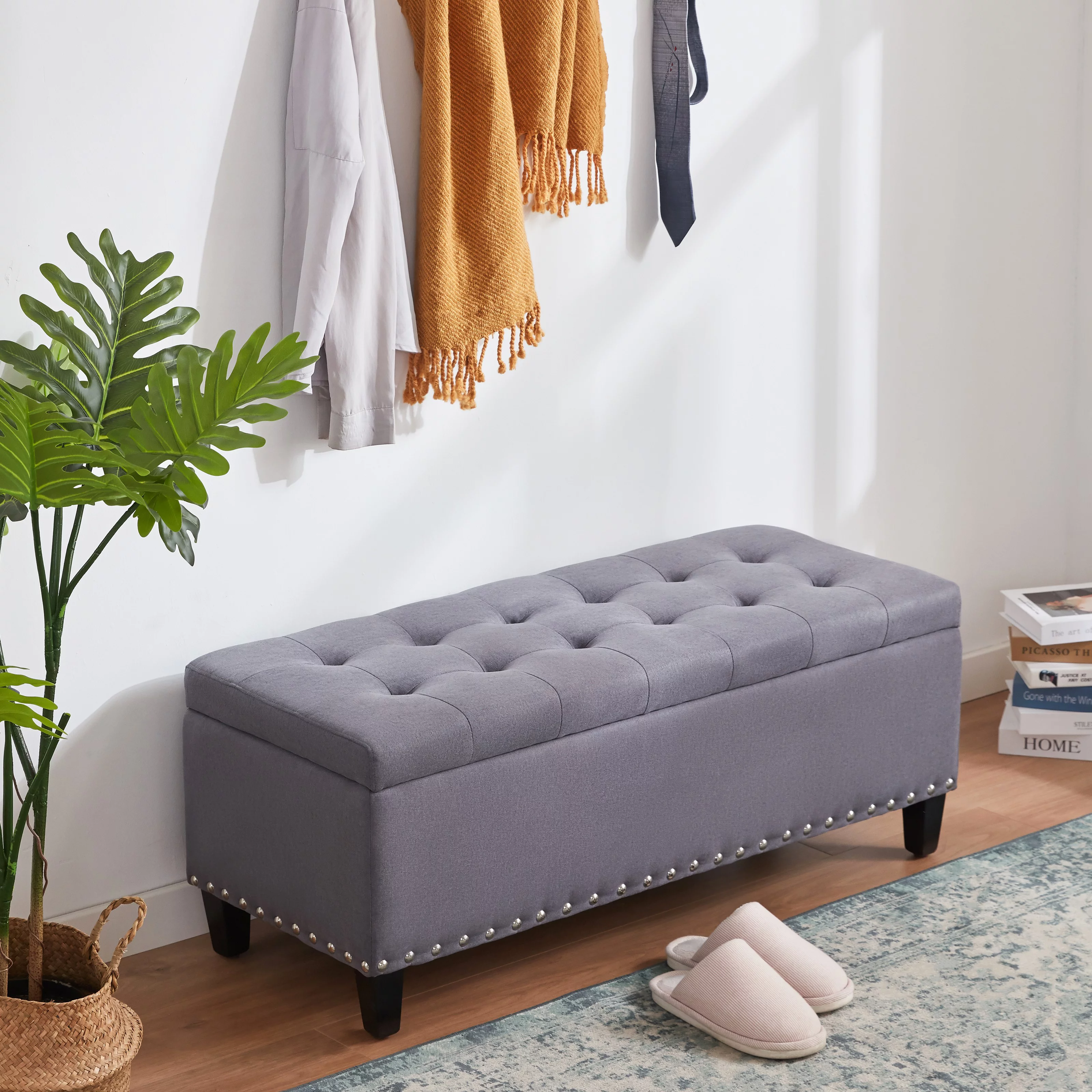 HUIMO Large Storage Ottoman, 41-inch Button-Tufted Upholstered Ottoman with Safety Hinge, End of Bed Storage Bench for Entryway, Living Room (Grey)