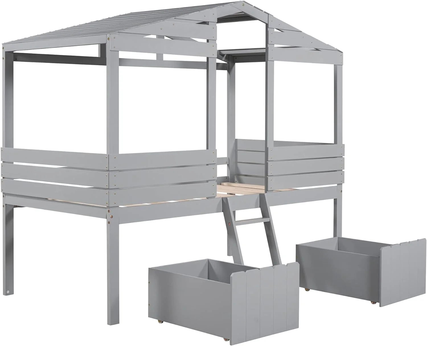 House Loft Bed For Kids,Wood House Loft Bed With Storage Drawers And Ladder, Low Loft Bedframe, Bedroom Furniture For Kids/Boys/Girls (Gray)