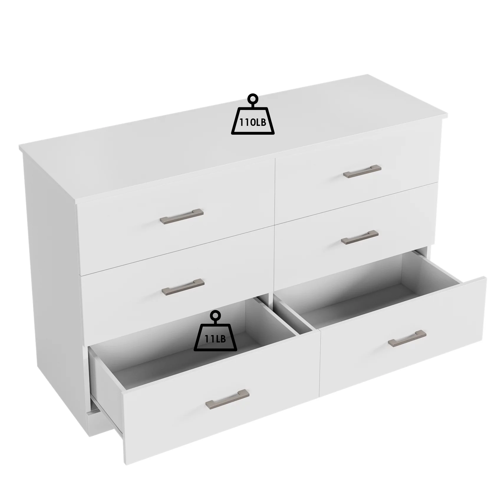 Homfa 6 Drawer White Double Dresser, Modern Wood Chest of Drawers with Metal Handles for Bedroom