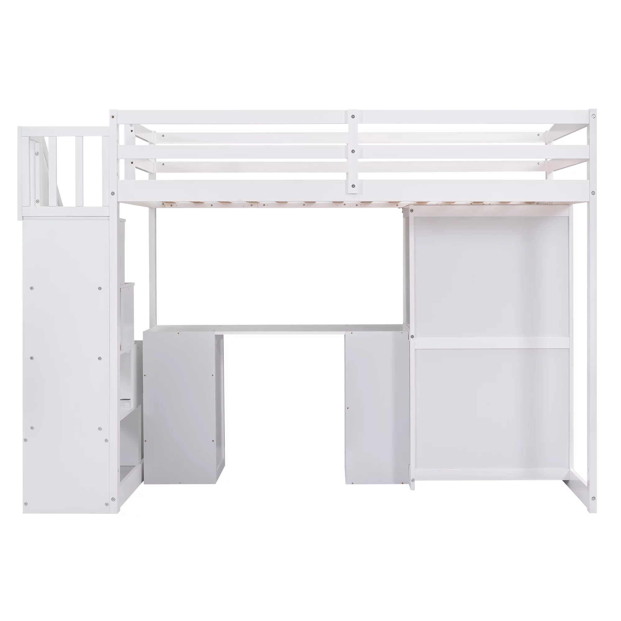 Euroco Twin Size Pine Wood Loft Bed with Desk, Drawers and Wardrobe for Kids Room, Storage Staircase, Sapce-Saving Shelf, White