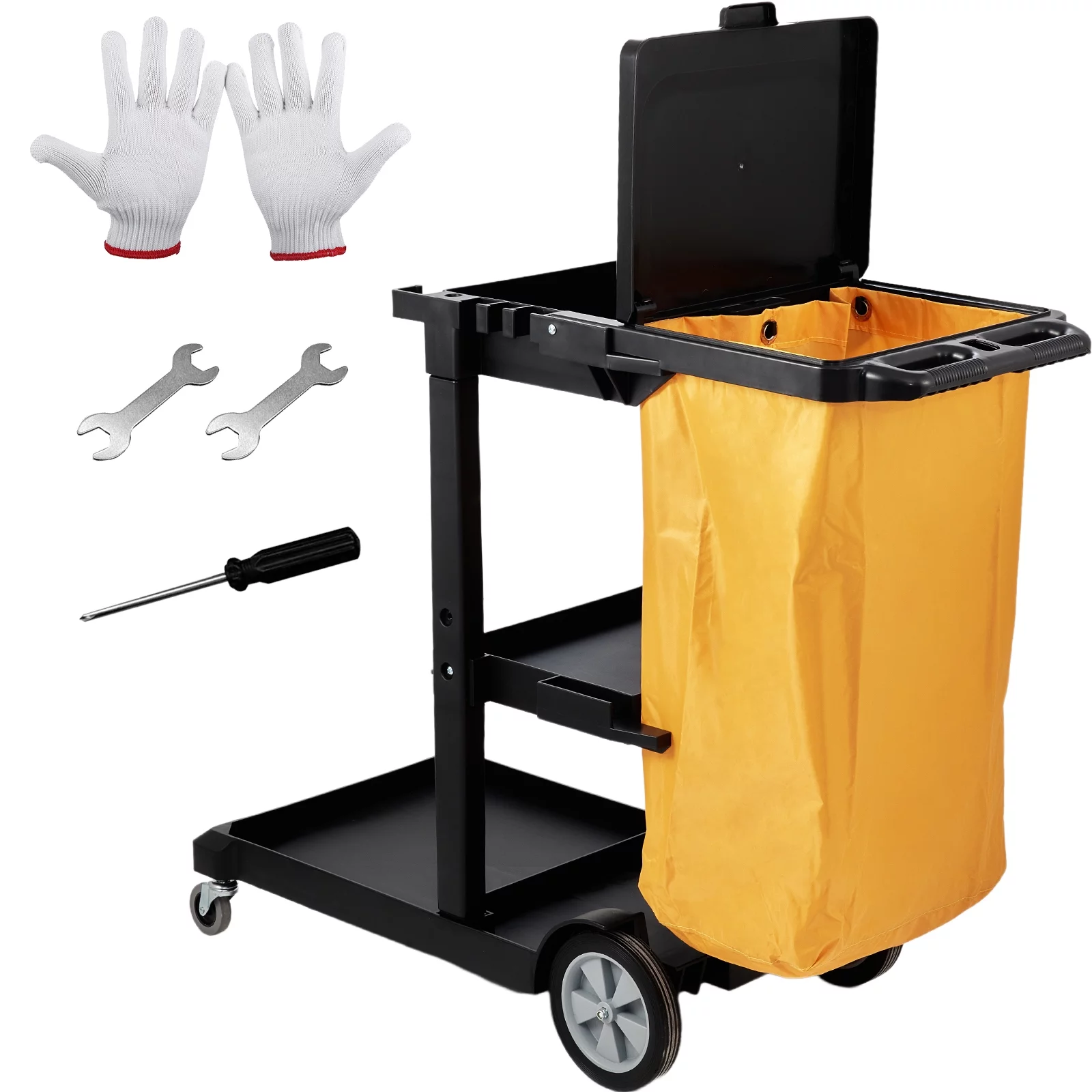 BENTISM Commercial Janitorial Janitor Cart 3-Shelf 200 lbs Janitorial Trolley Cleaning Cart with 25 Gallons PVC Bag and Cover for Housekeeping