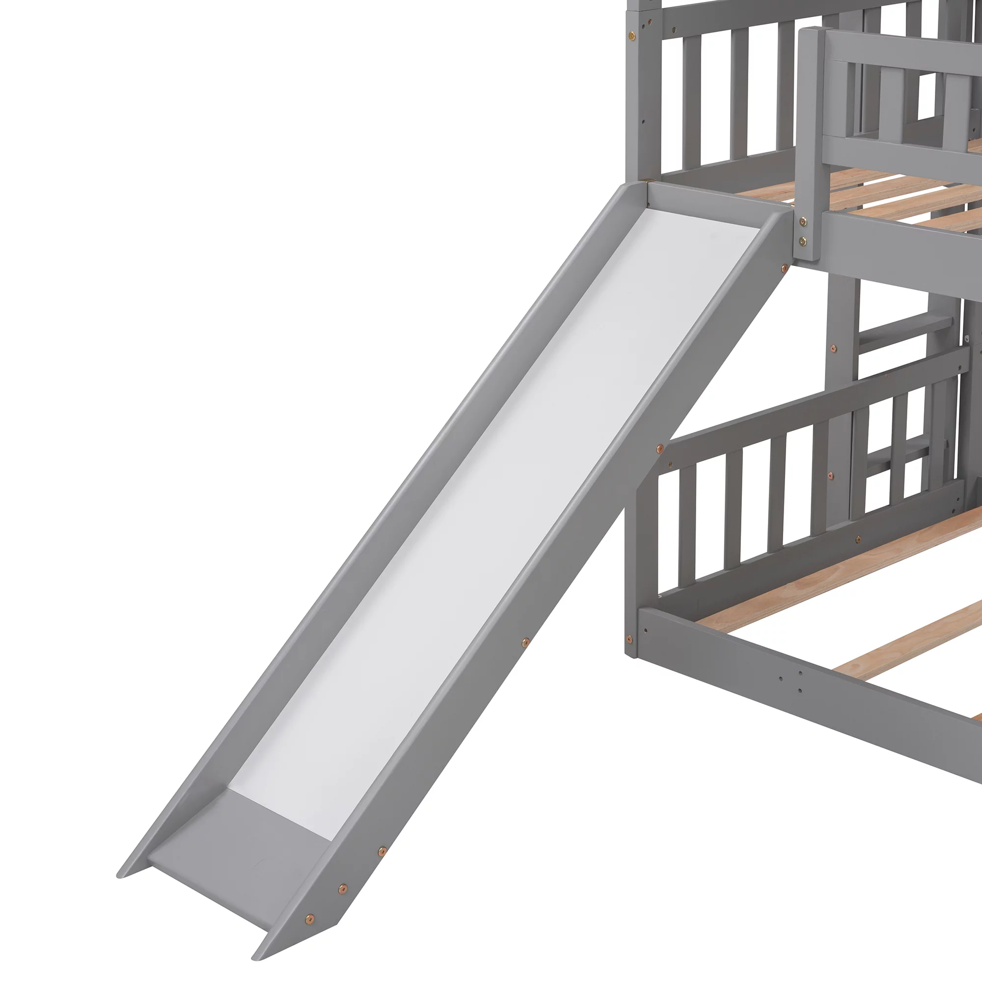 Bellemave Triple Bunk Bed with Slide, Wood Twin over Twin over Twin 3 Bunk Bed with 2 Built-In Ladders, Convertible Triple Beds for Kids, Teens, Boys & Girls (Gray)