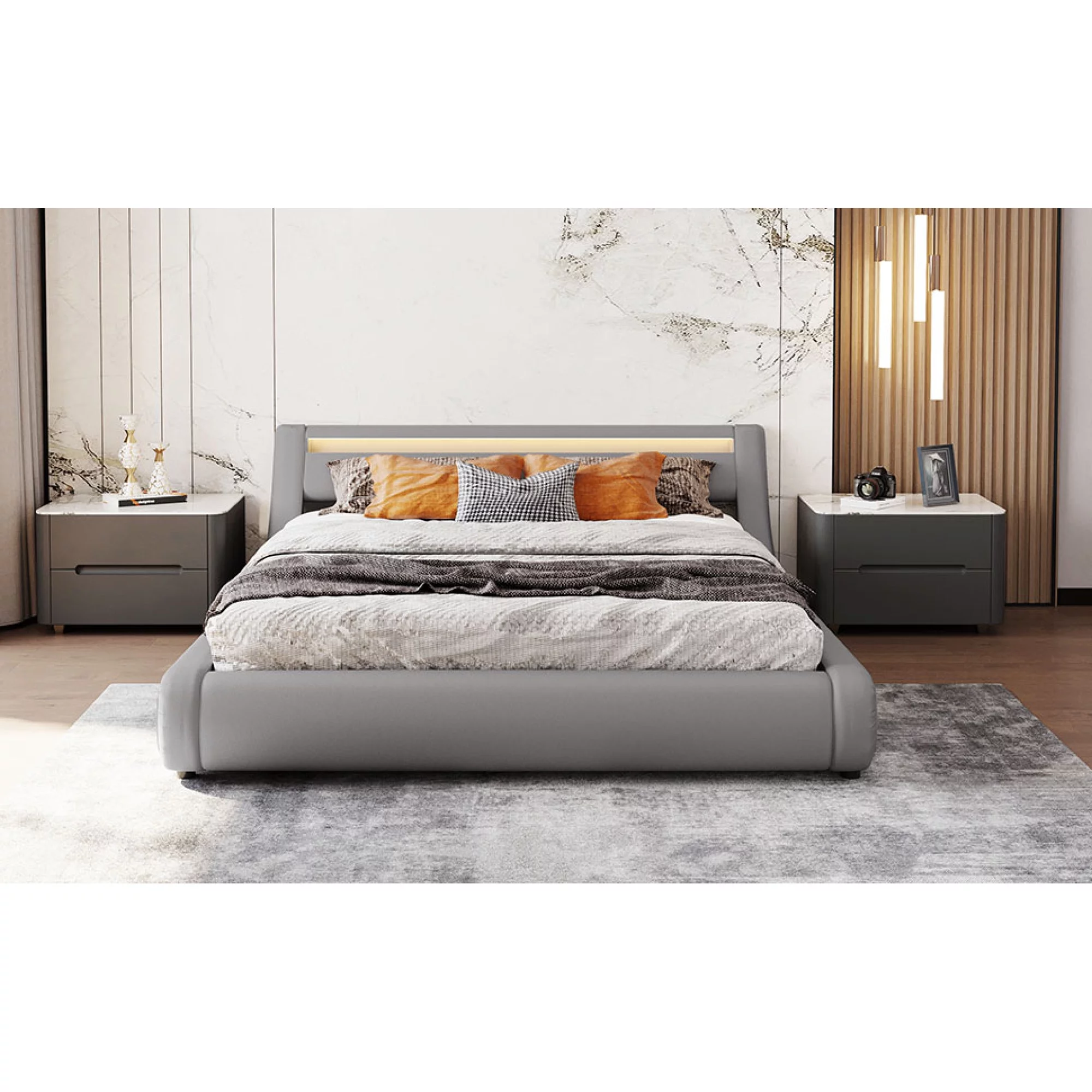 Modern Faux Leather Platform Bed with Hydraulic Storage and LED Light Headboard - Queen Size