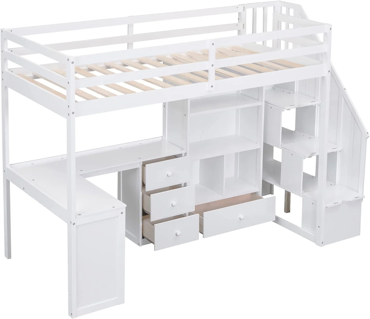 Size Loft Bed With Stairs Ad L-Shaped Desk, Wood Loft Bed With Storage Drawers Ad Cabiet, Loft Bed With Guardrails For Kids Girls Boys, White