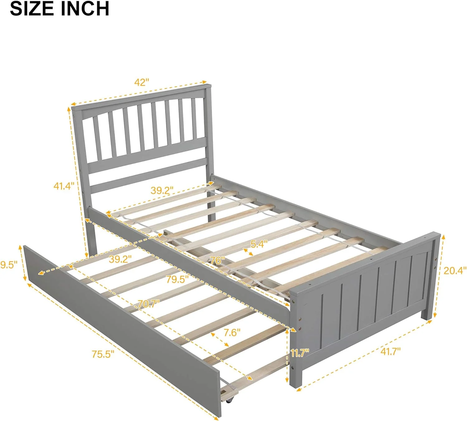 Platform Bed With Trudle, Solid Wood Bed With Headboard & Footboard, Bed Frame For Kids Tees Adults Boys Girls, o Box Sprig eeded (, Grey)