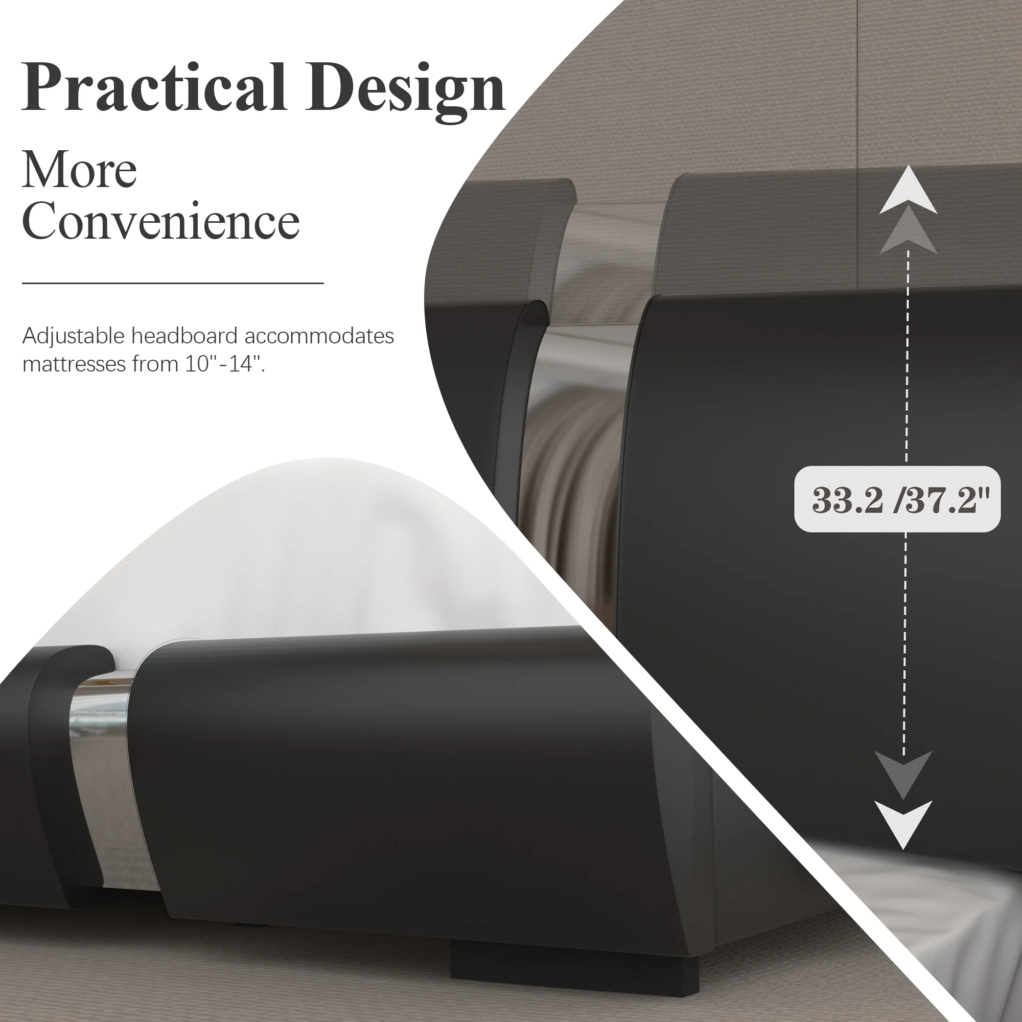 Kallabe Full Size Modern Bed Frame with Led Light,Iron Pieces Decor and Faux Leather Headboard, Black