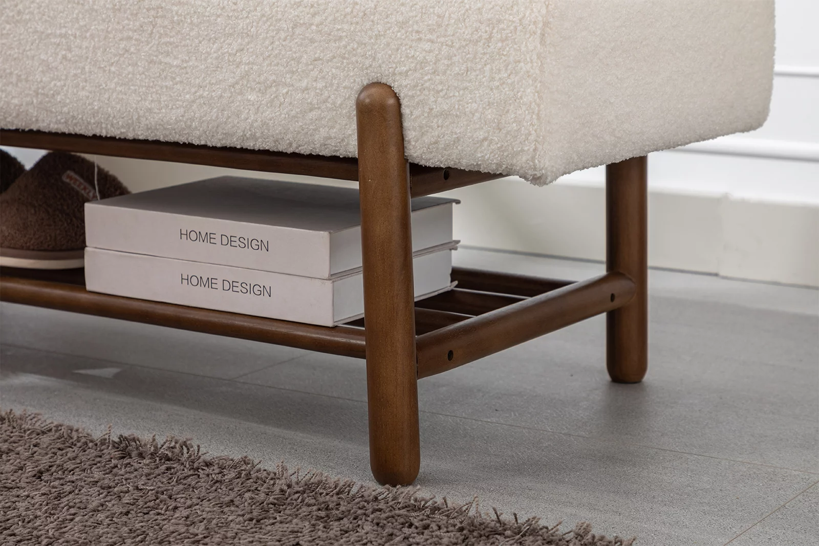 Guyou Storage Bench Sherpa End of Bed Ottoman Bench with Wooden Shoe Rack and Coffee Table, Modern Upholstered Long Seating Bench Entryway Bench for Hallway Foyer Living Room Bedroom, Beige