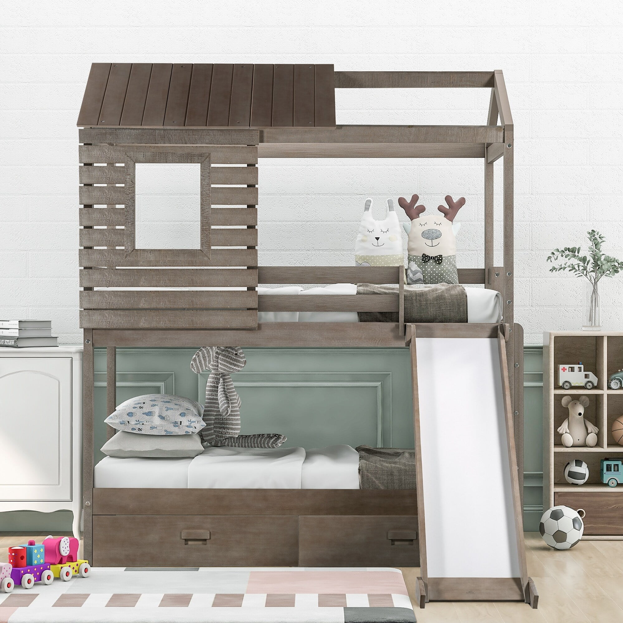 Home Adores, Inc. Rhett Twin Over Twin Bunk Bed with Two Drawers and Slide Antique Grey