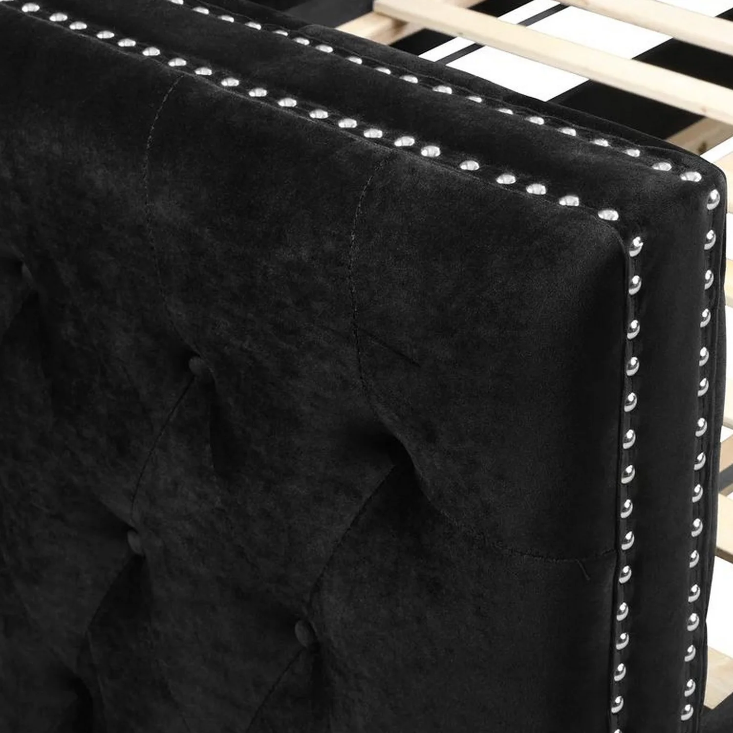 Benjara Trace Trundle Daybed, Black Fabric Upholstery, Chesterfield, Nailhead Trim