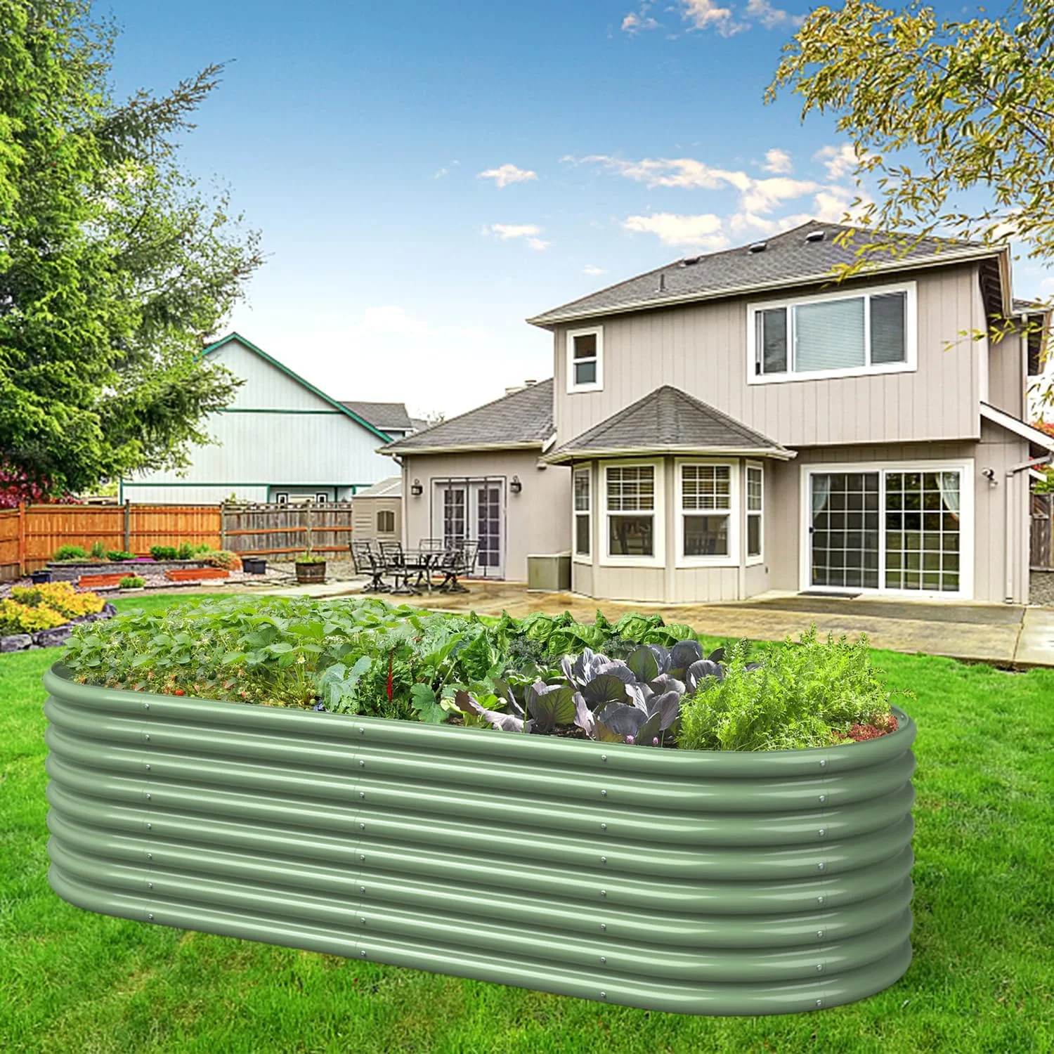 OGKBIR 8FT(L)×4FT(W)×2FT(H) Galvanized Raised Garden Bed Outdoor, Metal Raised Garden Beds for Flower, Raised Planter Box Outdoor for Herb, Vegetable-Light Green