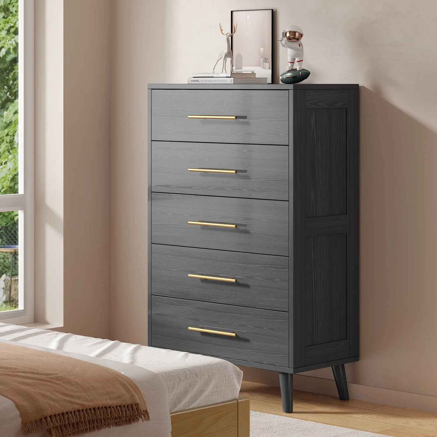 Lofka 5 Drawer Dresser, Tall Wood Dresser,Black