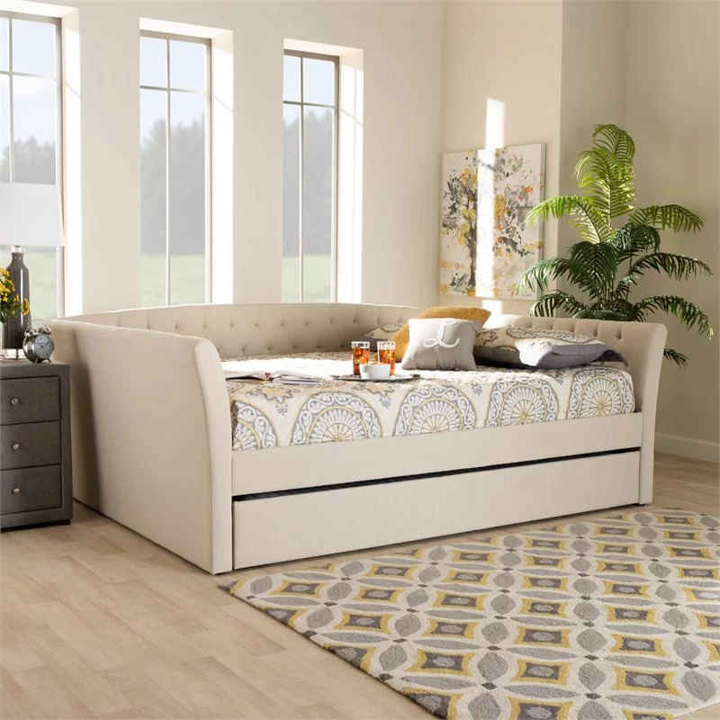 Allora Modern Fabric Upholstered Queen Size Daybed with Trundle in Beige
