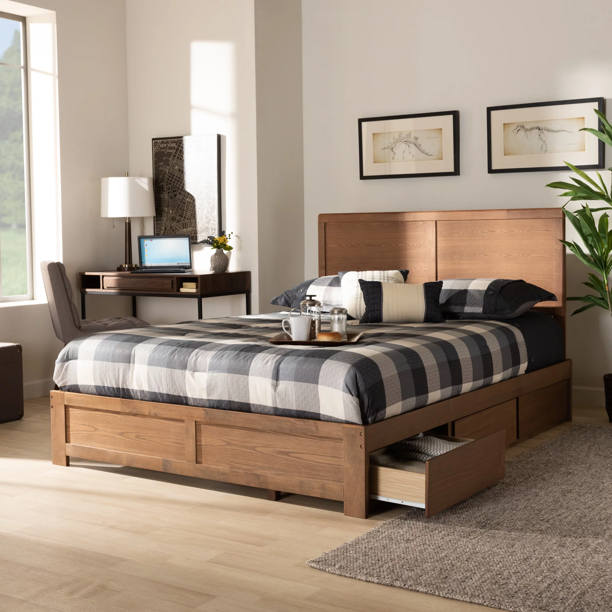 Baxton Studio Aras Modern and Contemporary Transitional Ash Walnut Brown Finished Wood Full Size 3-Drawer Platform Storage Bed
