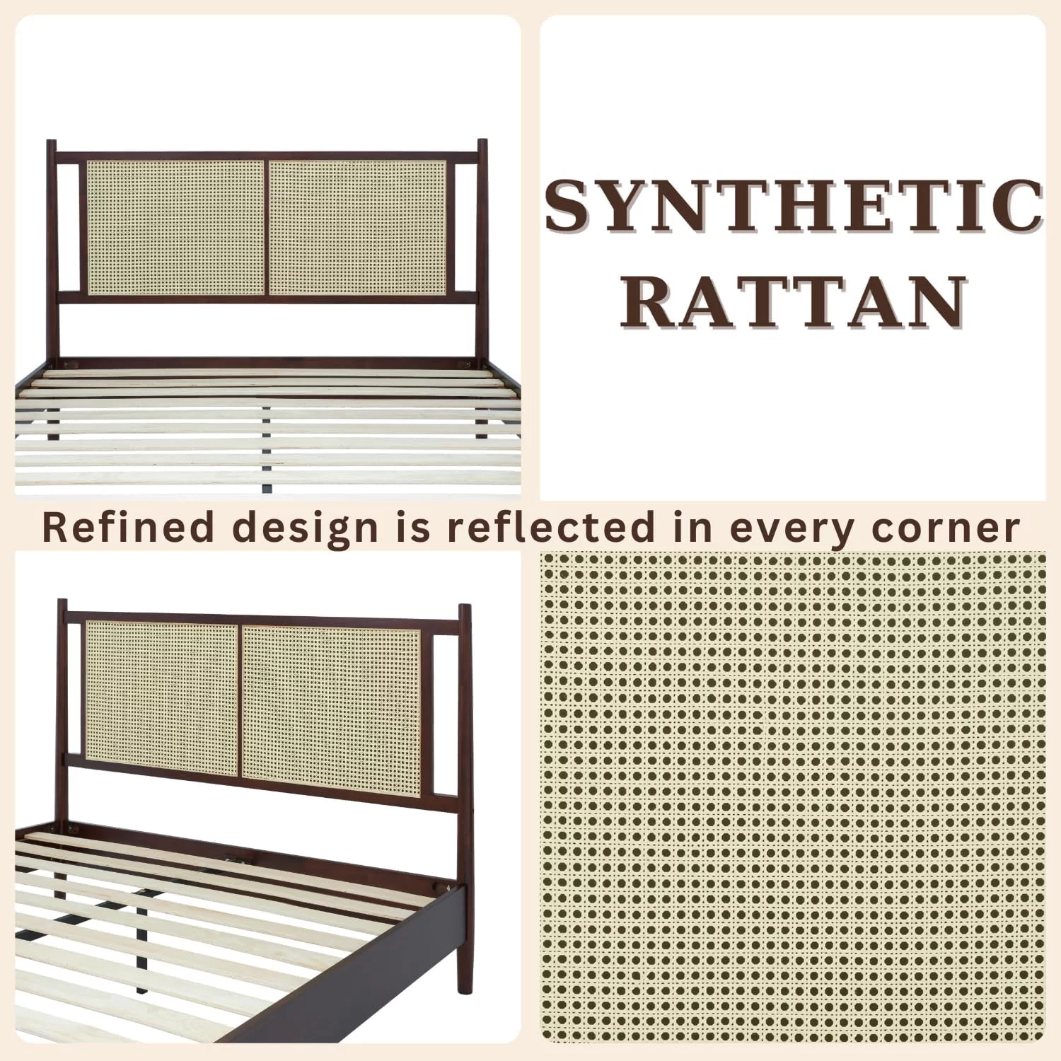 Bme Oliver 15 Inch Signature Bed Frame with Rattan Headboard - Bohemian & Mid Century Style - Acacia Wood - 12 Strong Wood Slat Support - Easy Assembly - No Box Spring Needed - Walnut, Queen