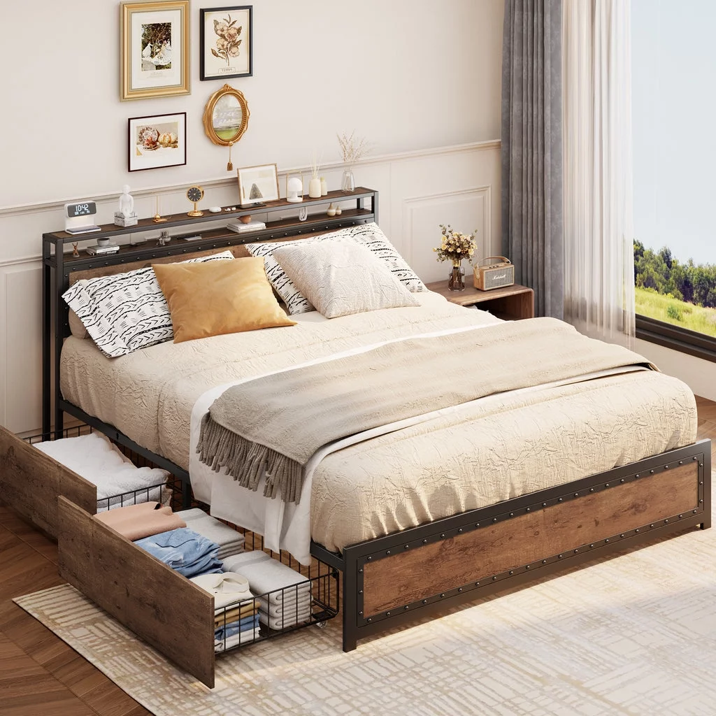 Aiho Queen Size Metal Bed Frame with Drawers and Headboard for Bedroom - Brown