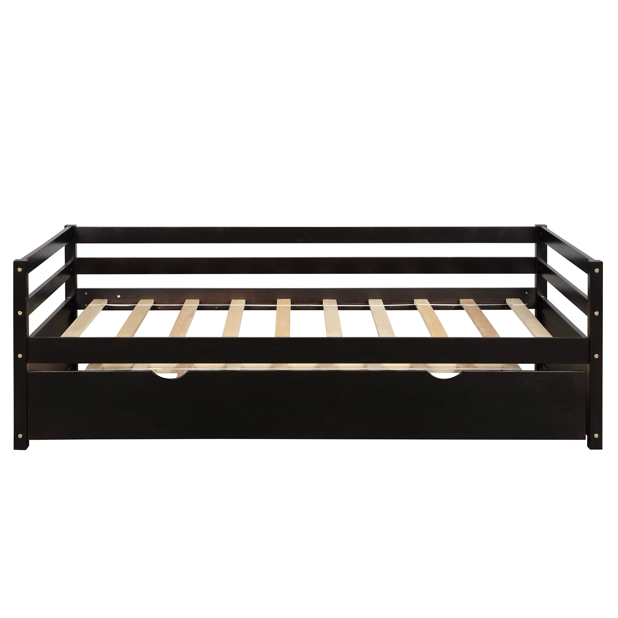 Royard Oaktree Twin Size Daybed with Trundle Wood Day Bed Sofa Bed with Guardrails and Slats for Bedroom, Living Room, Espresso