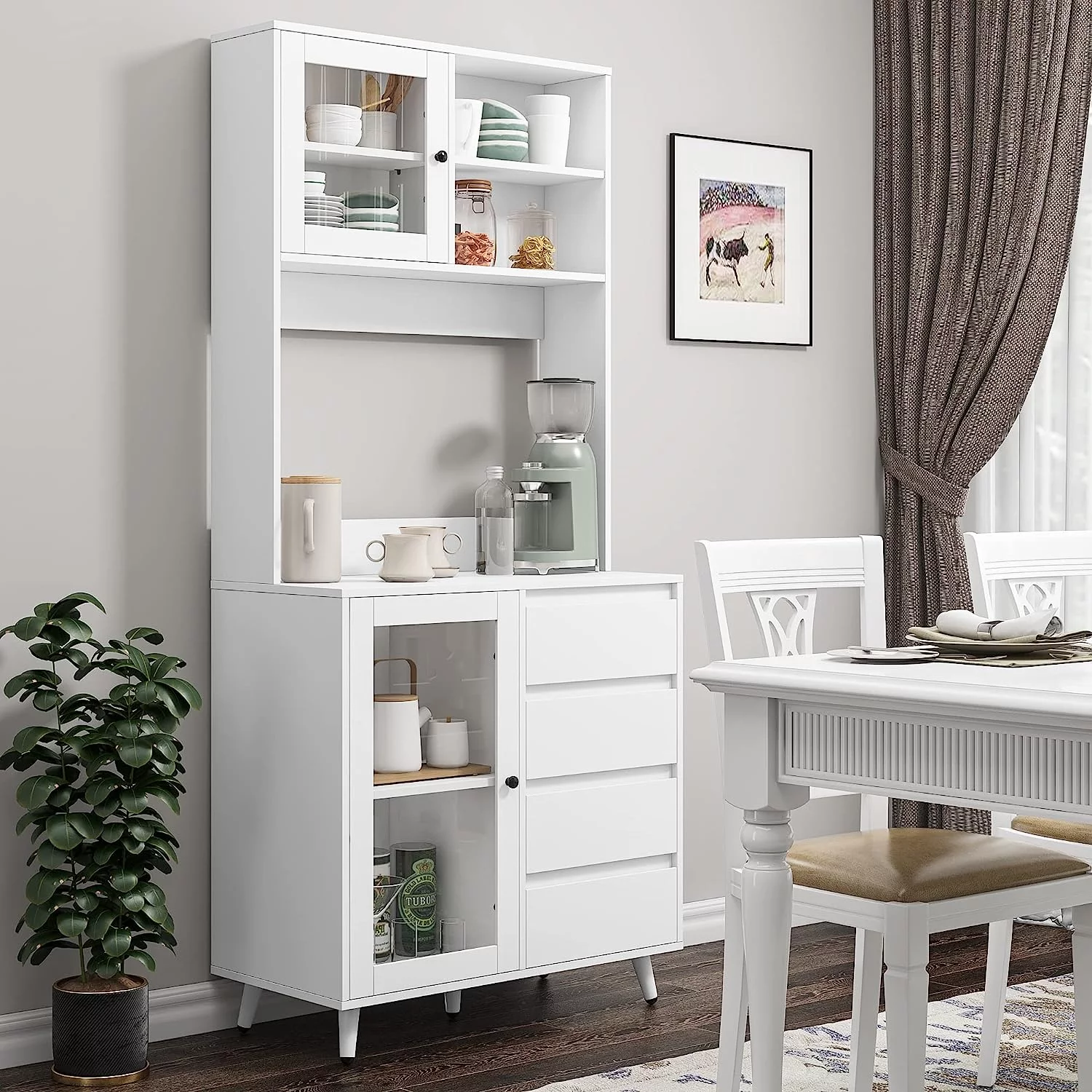 71'' Tall Kitchen Pantry  Cabinet with Large Countertop  Kitchen Buffet Hutch Cabinet with 2 Adjustable Shelves & Tempered Glass Doors  4 Handless Drawers for   White