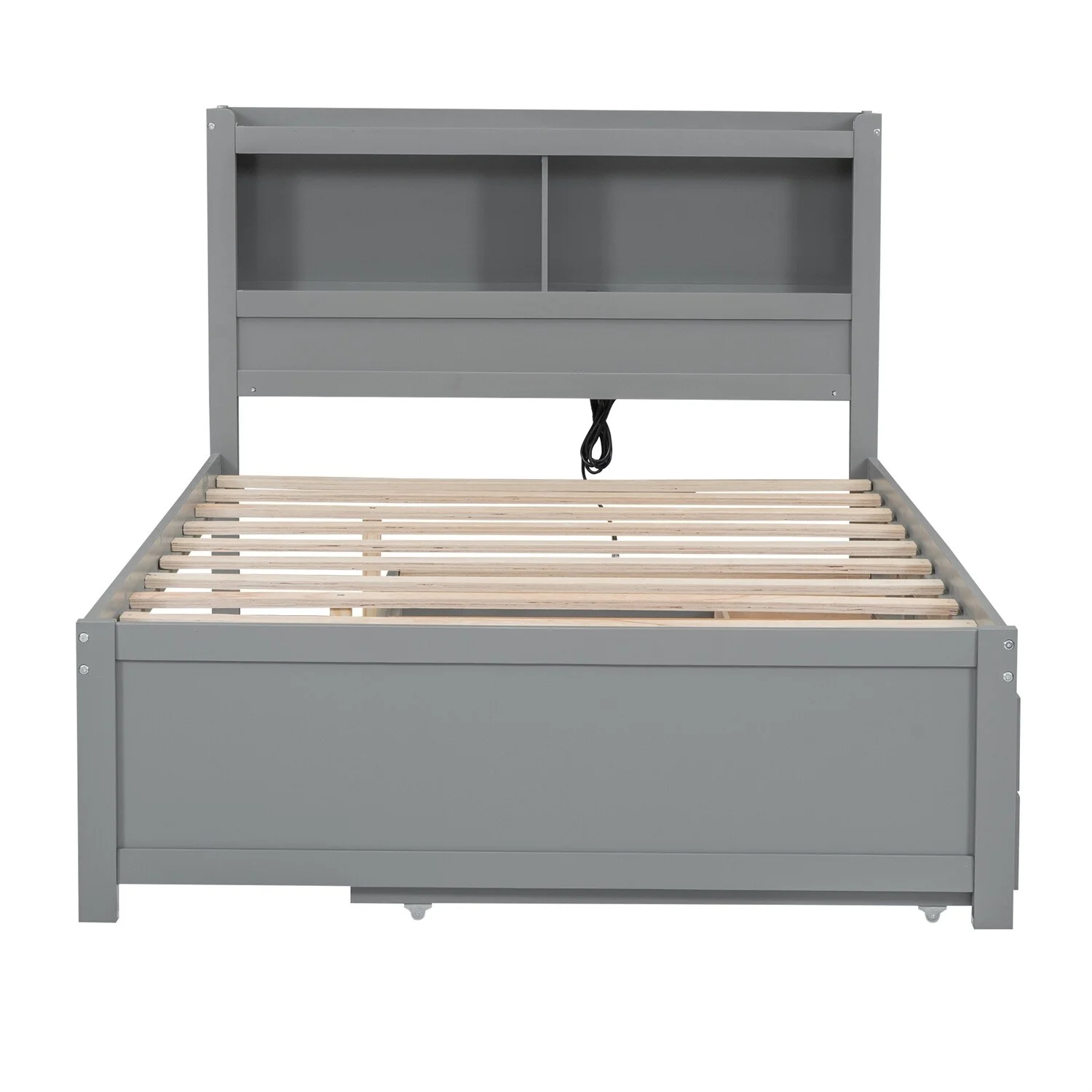MERAX  Full Size platform bed with trundle, drawers and USB plugs Grey