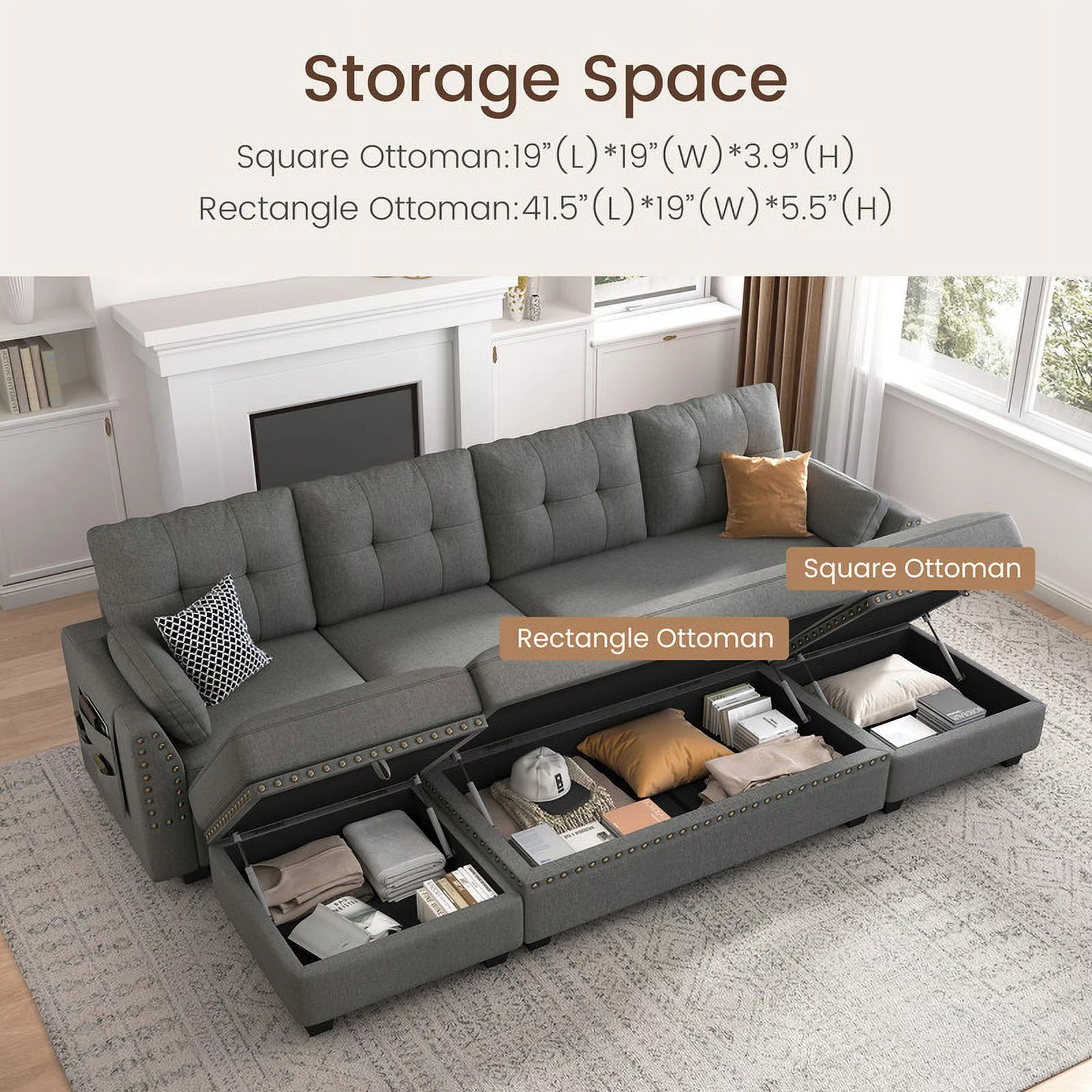 HONBAY Convertible Modern Reversible Sleeper Sectional Sofa Sets with Storage for Living Room and Apartment, Grey